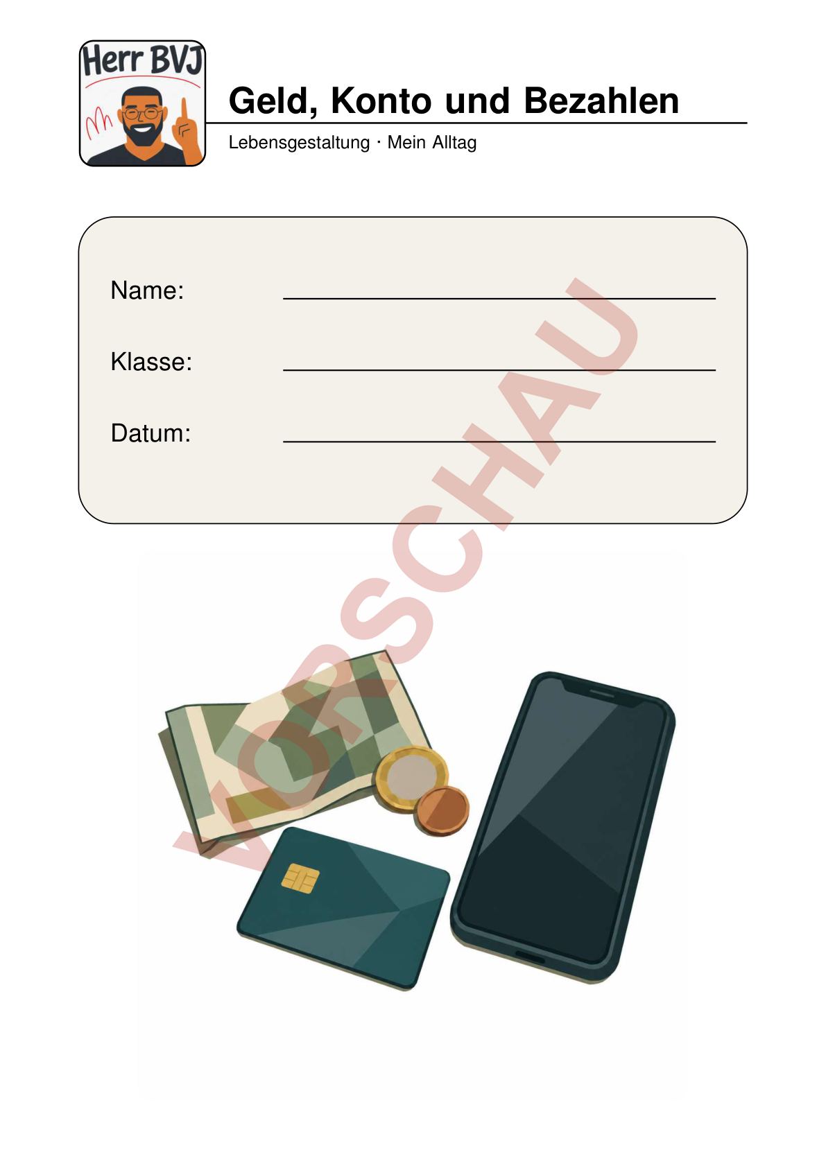 Deckblatt des Arbeitshefts Geld, Konto und Bezahlen (Vorschau)