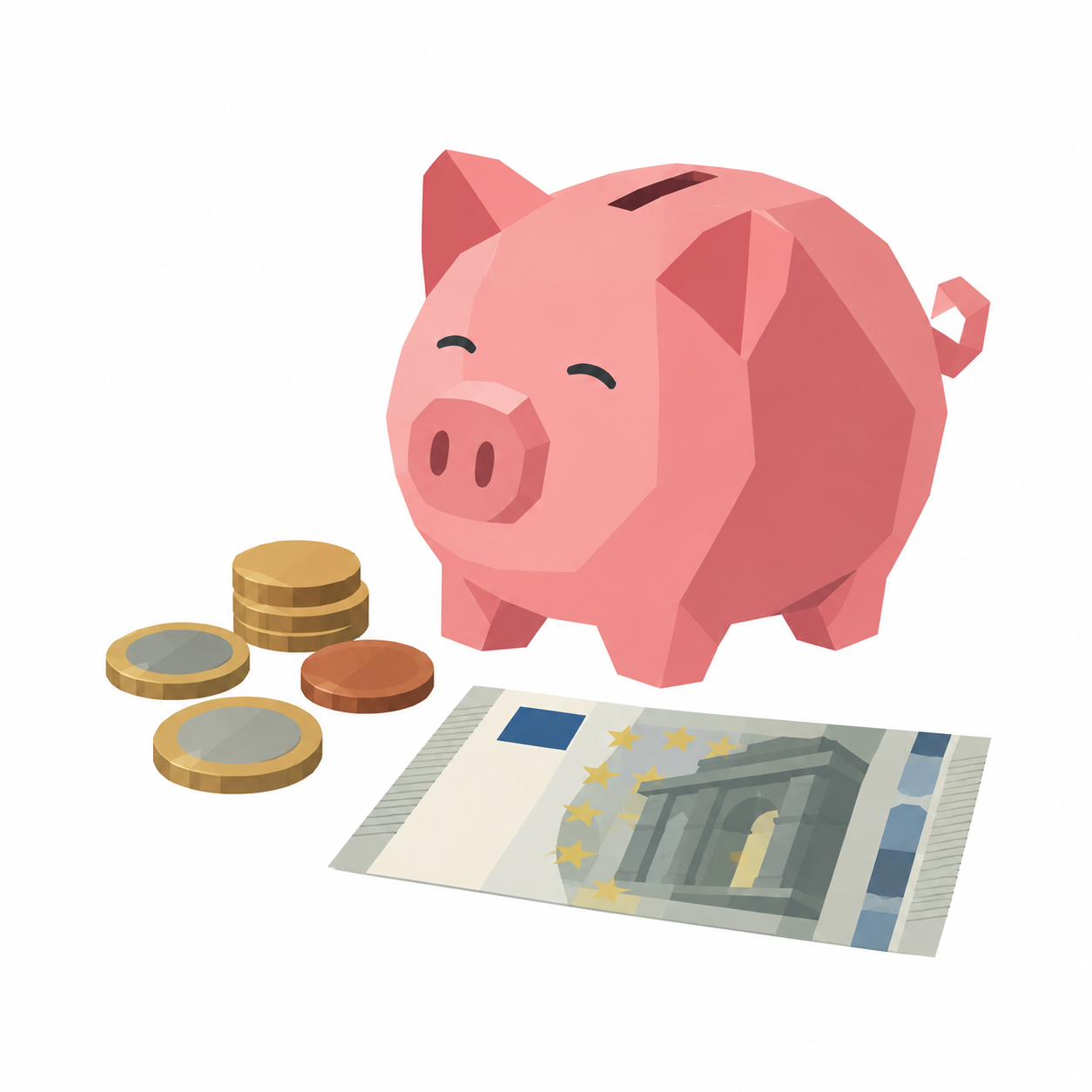 Münzen und ein Fünf-Euro-Schein neben einem Sparschwein.