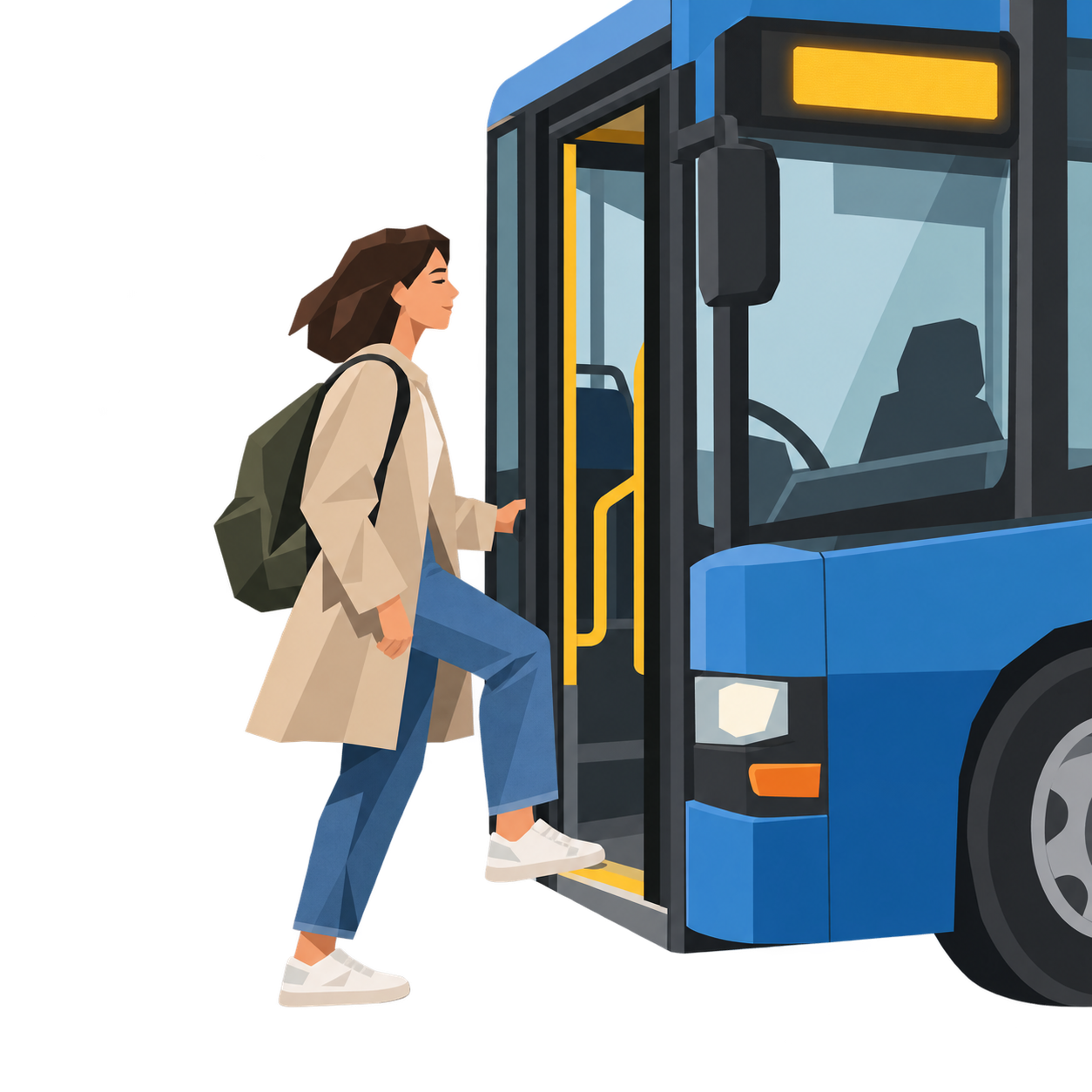 Eine Person steigt in den Bus, die Anzeige leuchtet.