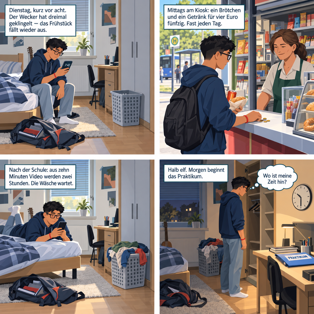 Vier Bilder aus Yusufs Tag: morgens im Bett mit dem Handy, mittags am Kiosk, nachmittags vor dem vollen Waeschekorb, abends vor dem leeren Kleiderschrank.
