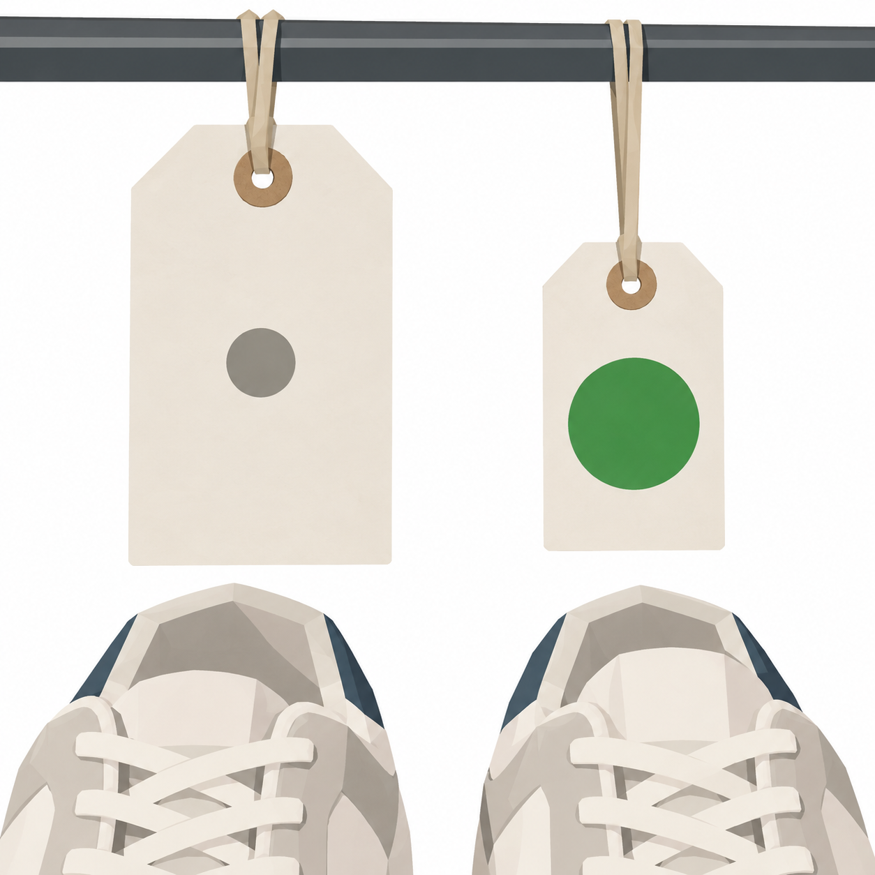 Zwei gleiche Schuhe mit zwei Preisschildern, das rechte deutlich kleiner und mit einem dicken grünen Punkt