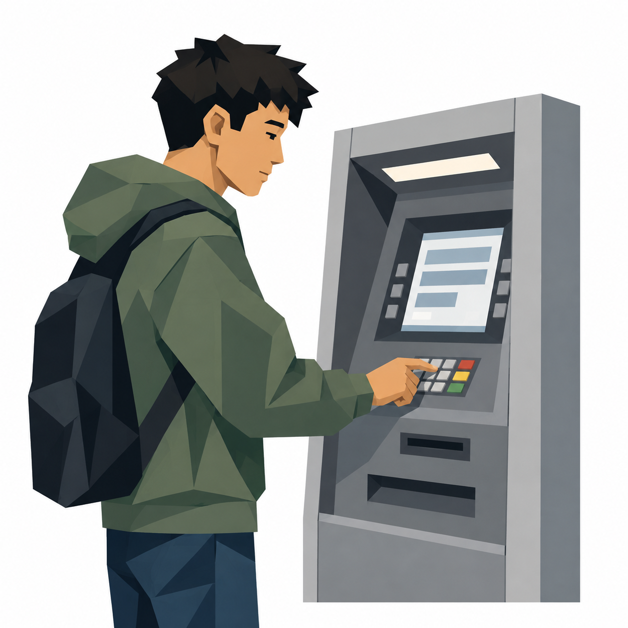 Eine Hand überweist am Automaten einen Betrag
