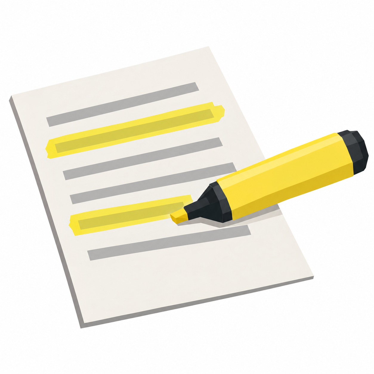 Ein Blatt mit angedeuteten Zeilen, ein Textmarker liegt quer darüber