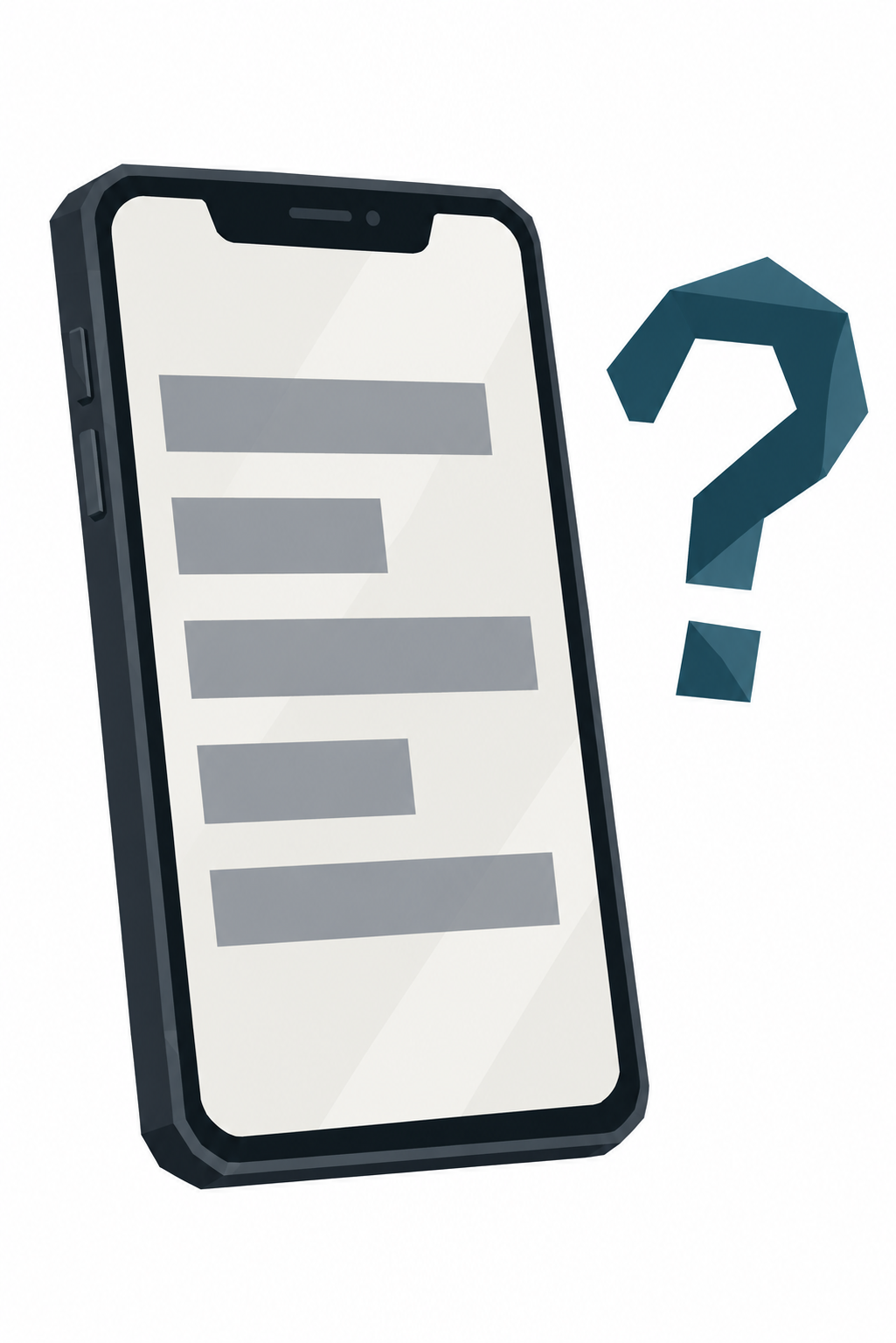 Ein Handy zeigt eine Liste mit fünf leeren Zeilen, daneben ein Fragezeichen aus Linien