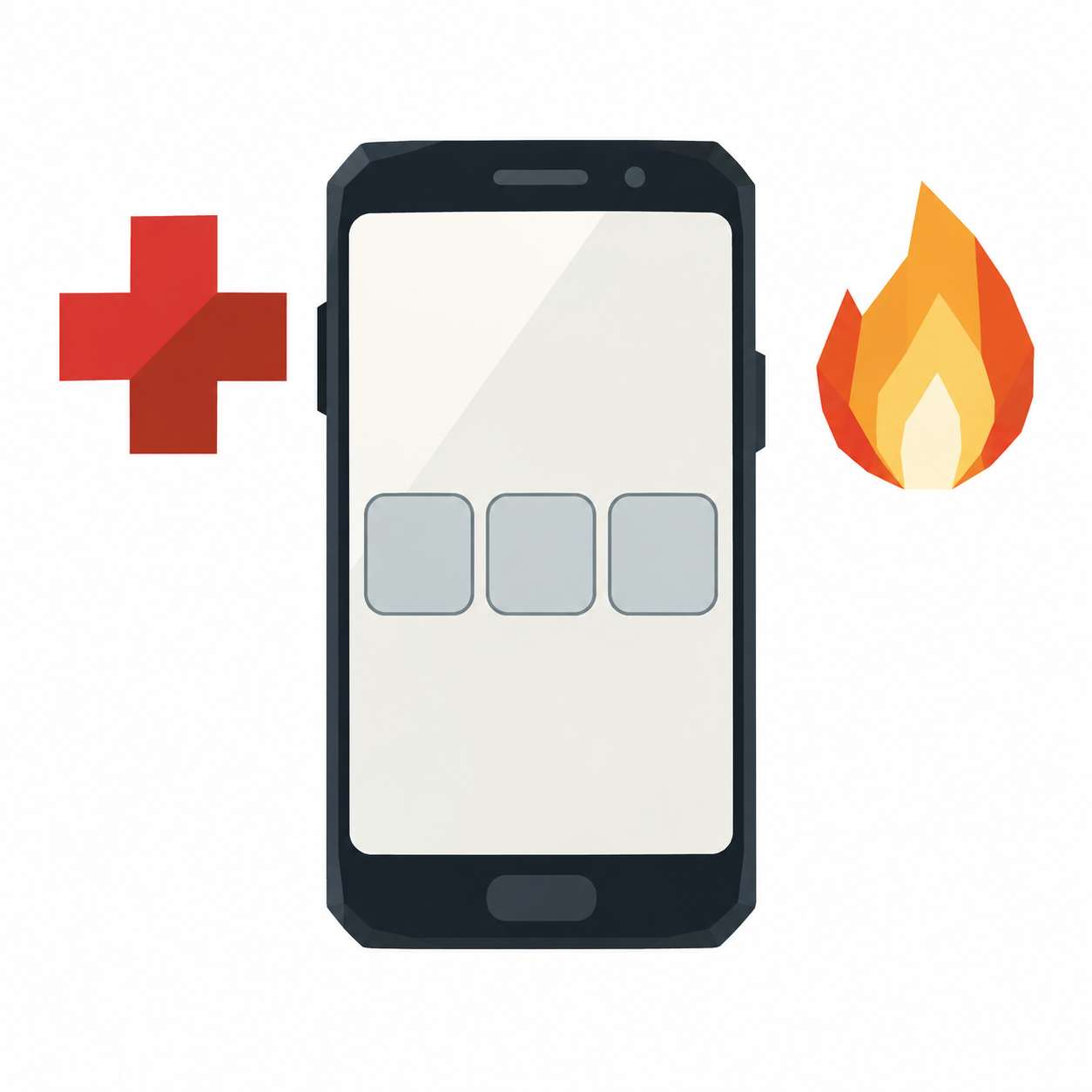 Ein Telefon-Display mit drei großen Tastenfeldern, daneben ein rotes Kreuz und eine Flamme