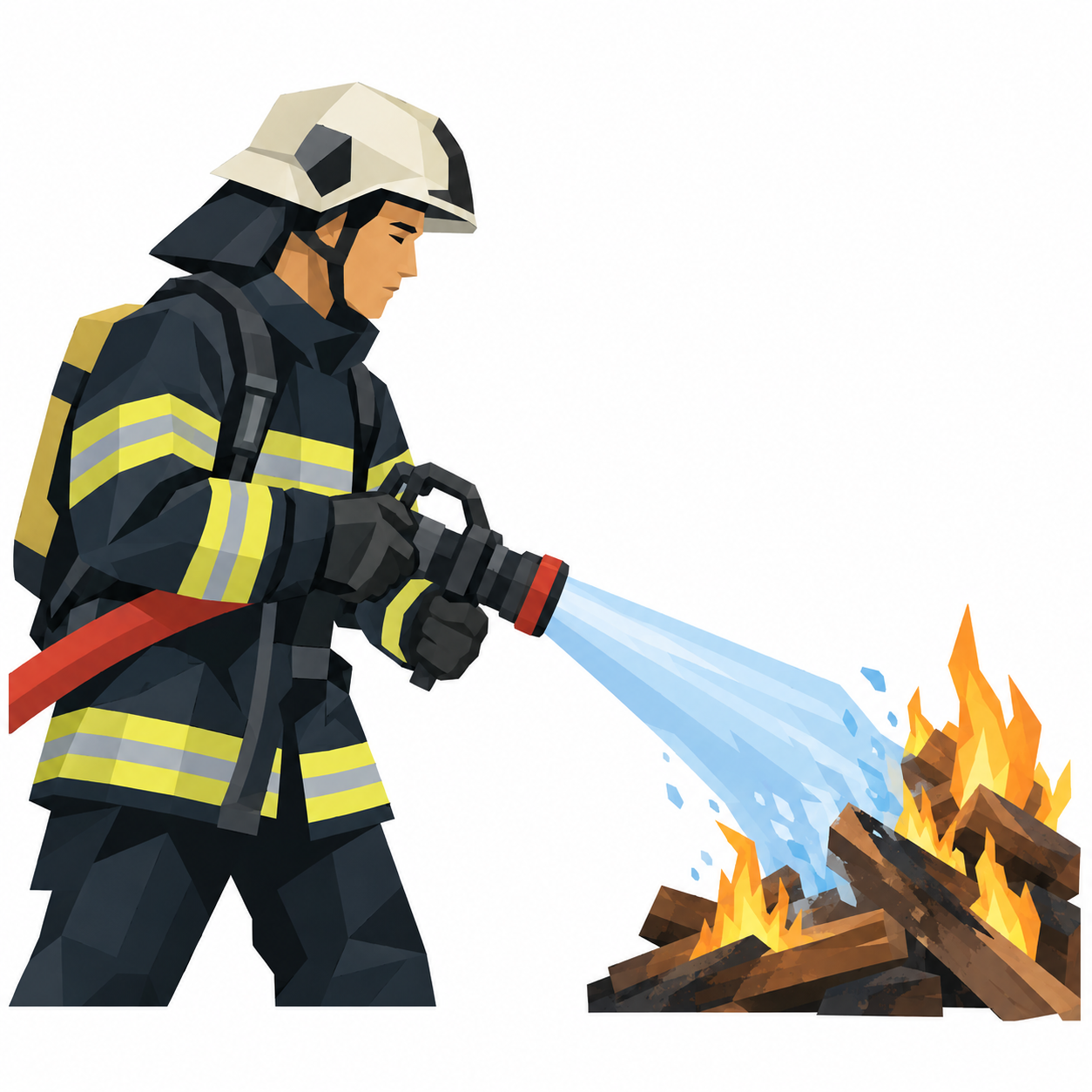 Ein Feuerwehrmann richtet einen Wasserstrahl auf brennendes Holz