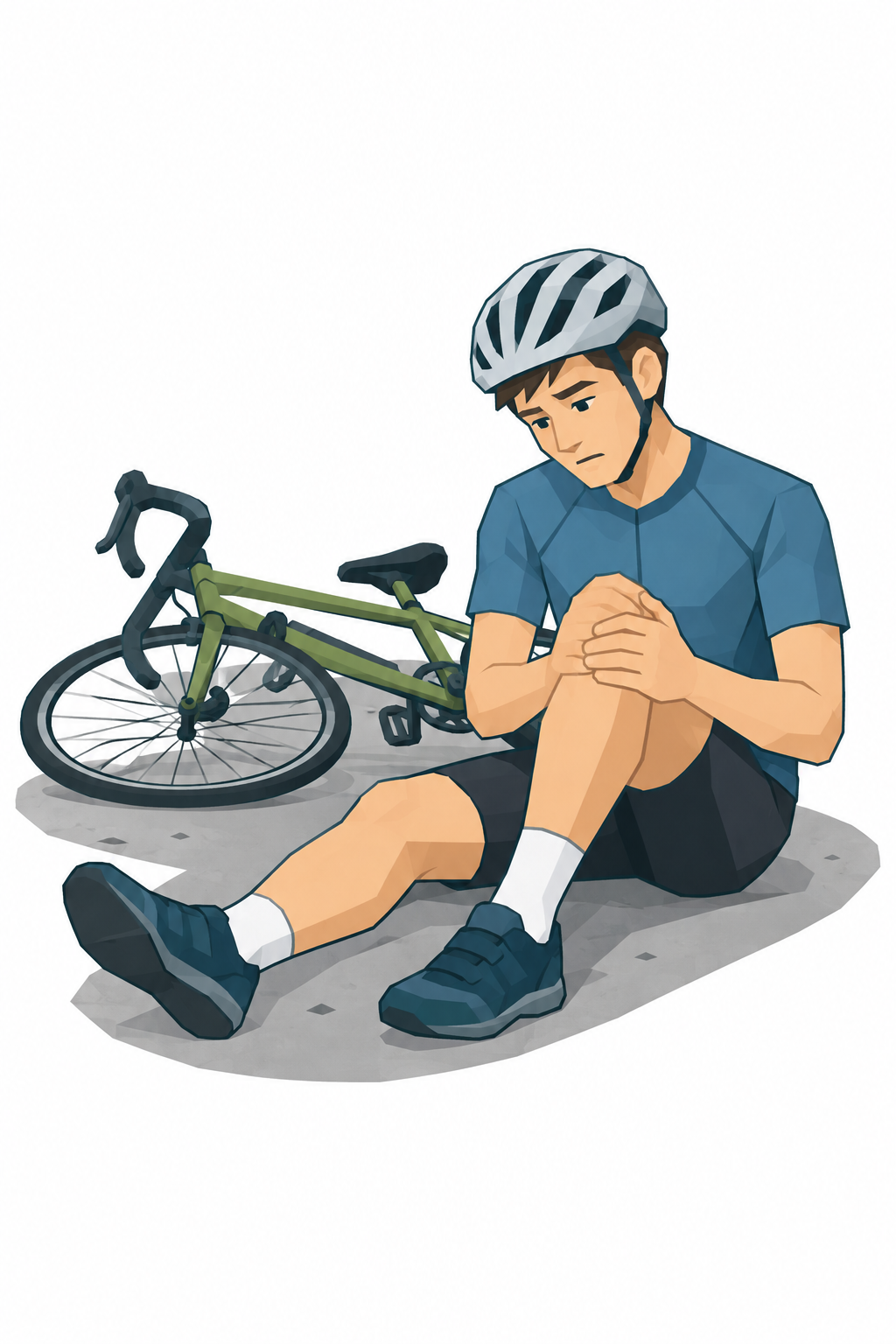 Eine gestürzte Radfahrerin sitzt am Straßenrand, ihr Fahrrad liegt daneben