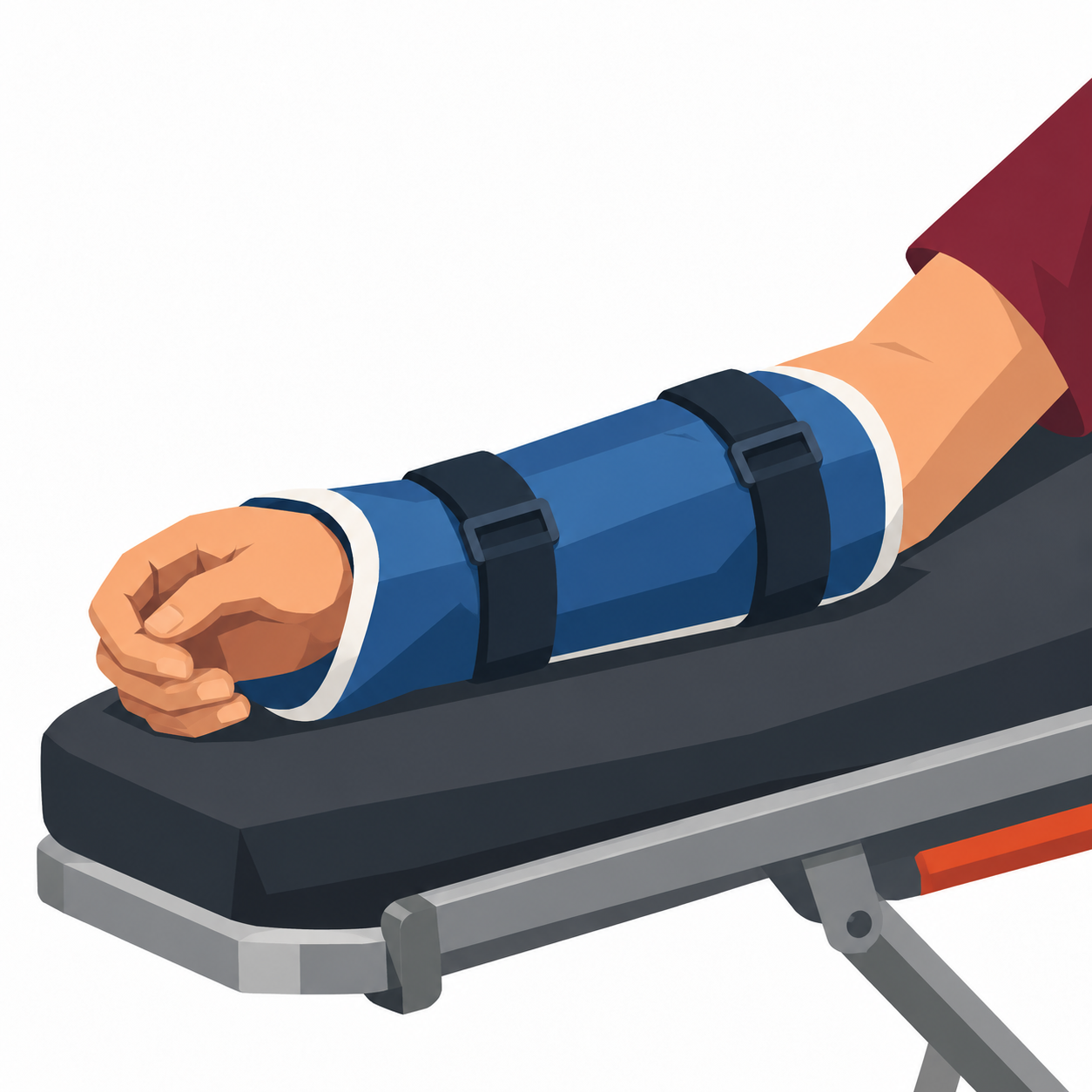 Ein Arm im blauen Schienenverband liegt auf einer Trage