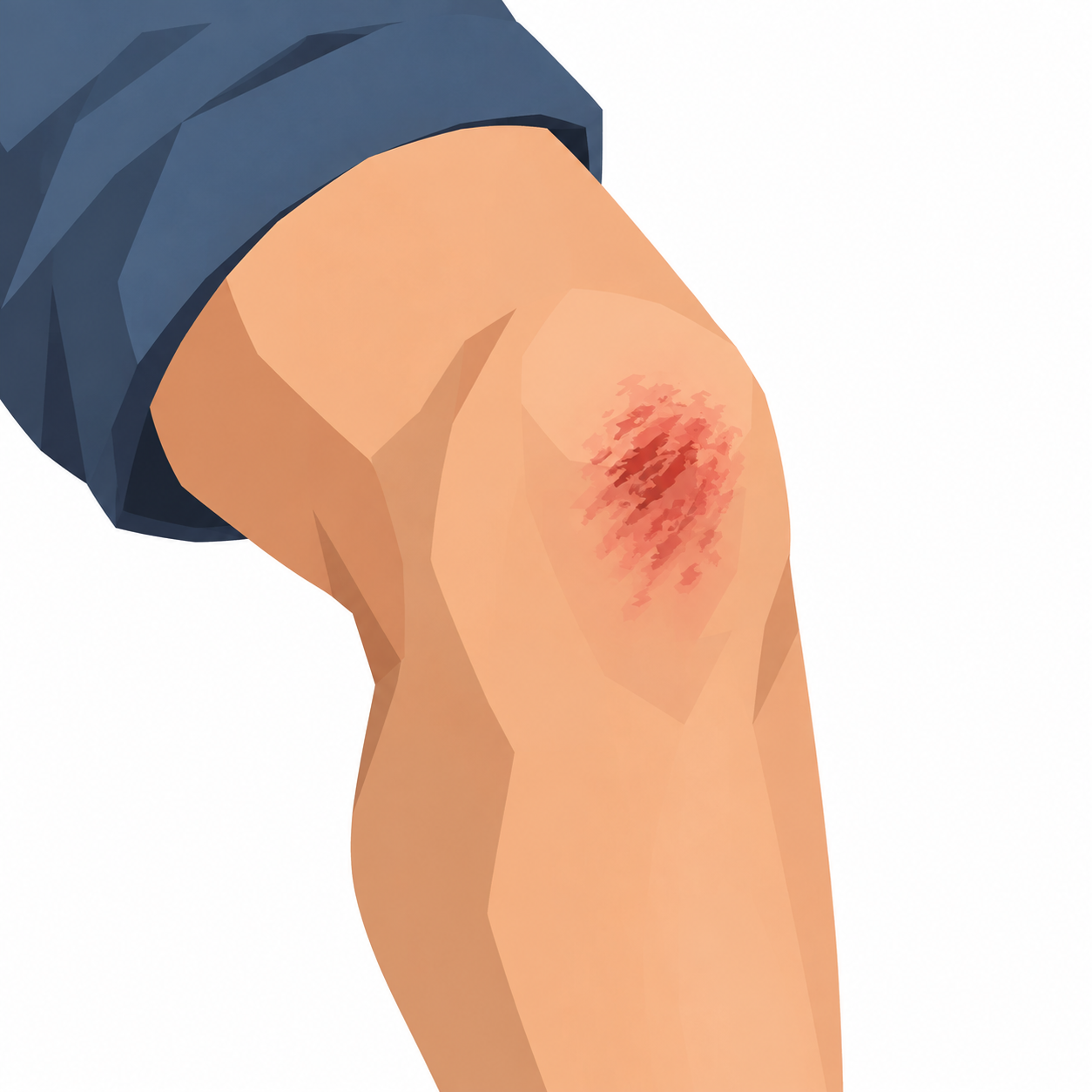 Ein aufgeschürftes Knie mit einem roten Fleck auf der Haut