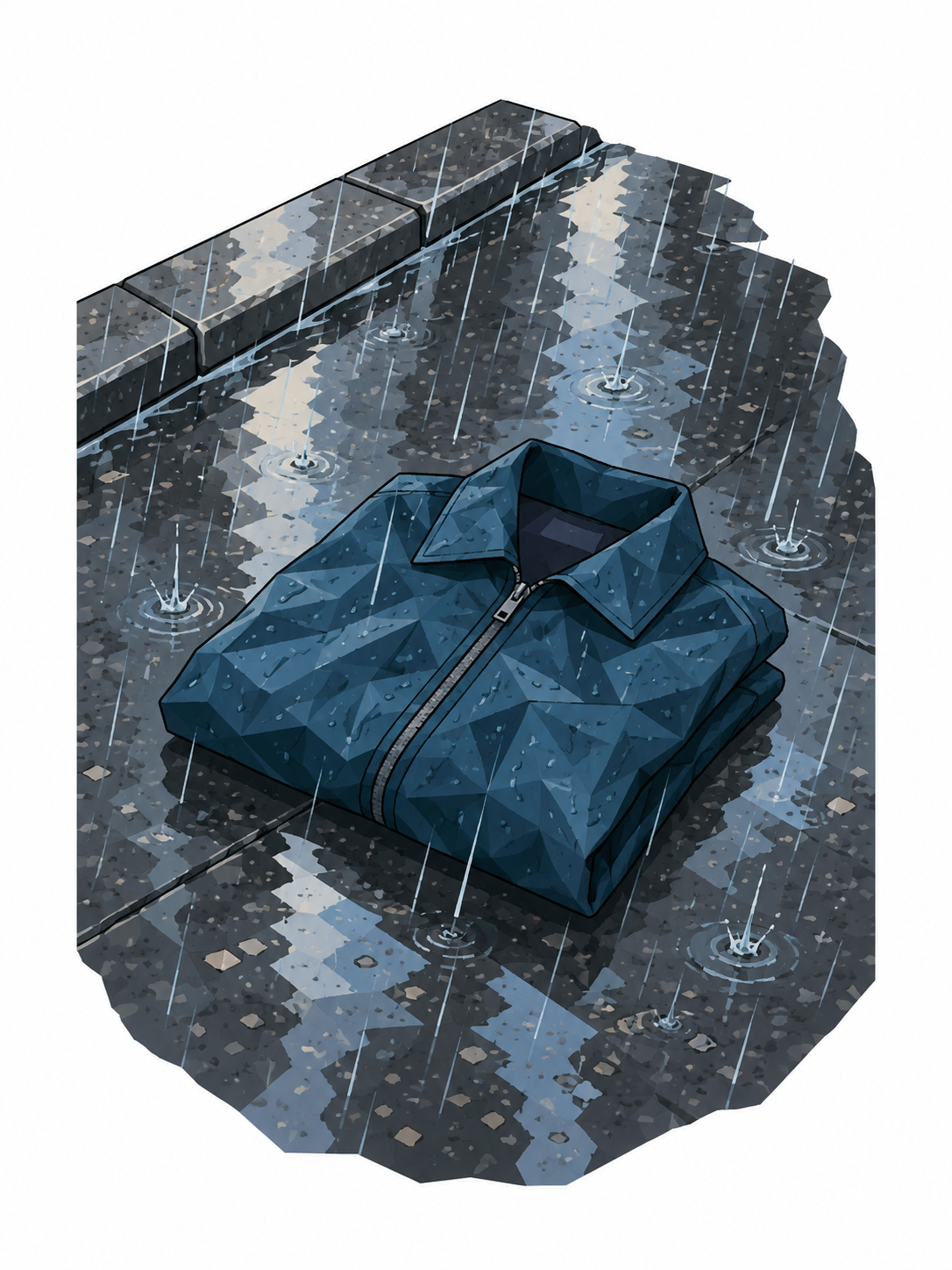 Regen auf nassem Asphalt, daneben liegt eine Jacke