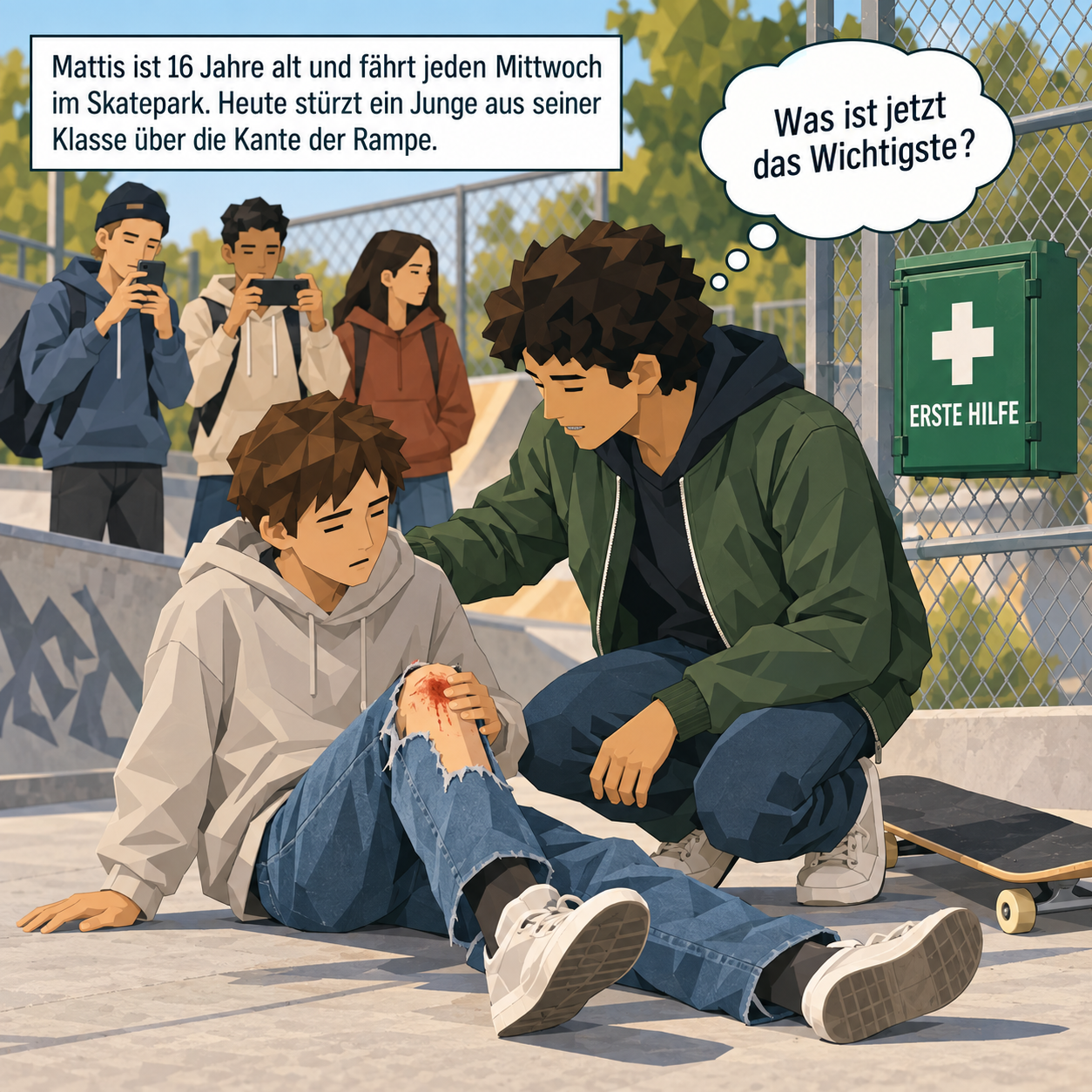Mattis kniet im Skatepark neben einem verletzten Jungen. Sein Skateboard liegt daneben. Im Hintergrund filmen zwei Jugendliche, am Zaun hängt ein grüner Kasten mit weißem Kreuz.