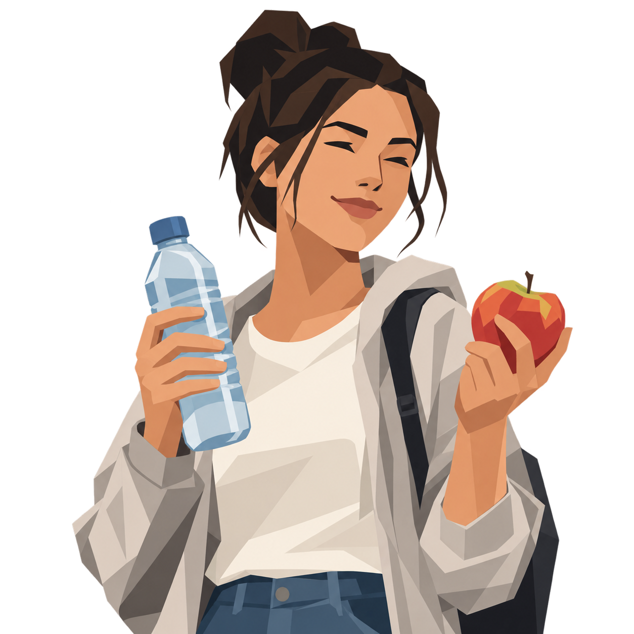 Ayla mit ihrer pinken Umhängetasche vor dem Kiosk, in der Hand eine Wasserflasche und ein Apfel
