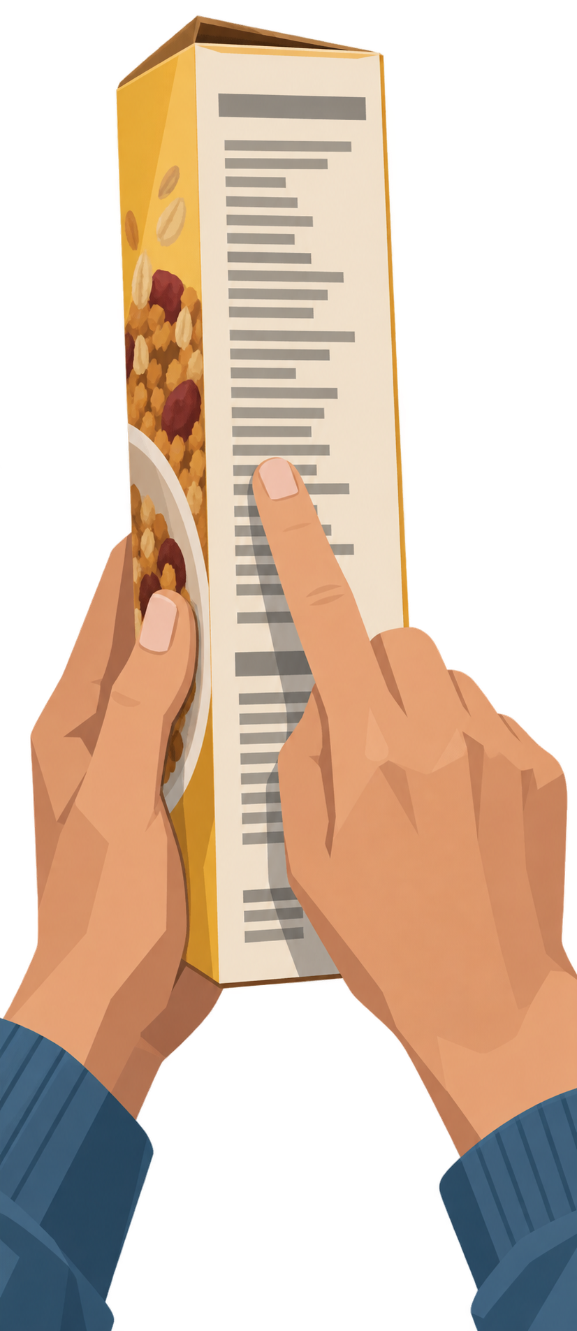 Eine Hand hält eine Packung, ein Finger fährt die Zutatenliste entlang