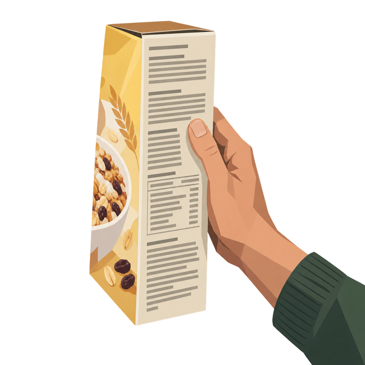Eine Hand dreht eine Müslipackung um, auf der Rückseite steht klein gedruckter Text
