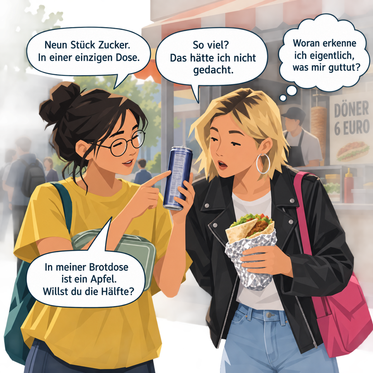 Ayla und Kaya stehen am Schulkiosk. Kaya haelt eine Energydrink-Dose ins Licht und zeigt auf die Rueckseite. Ayla haelt einen Doener in Alufolie und schaut auf die kleine Schrift.