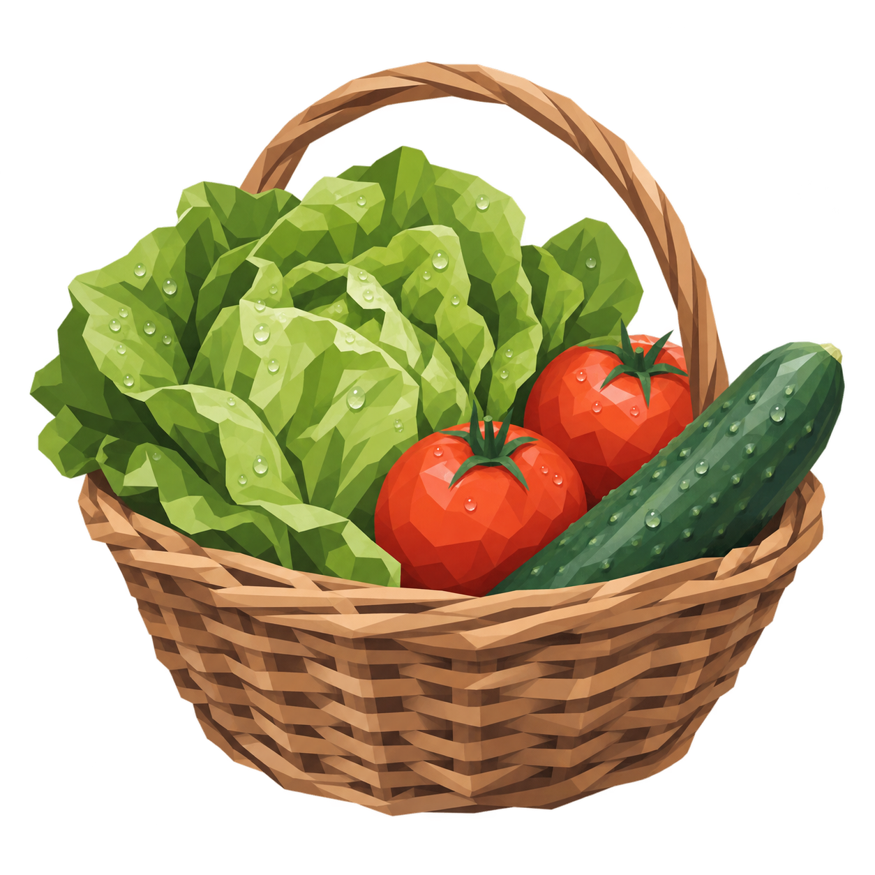 Ein Korb mit Salat, Tomaten und Gurken, auf den Blättern stehen Wassertropfen