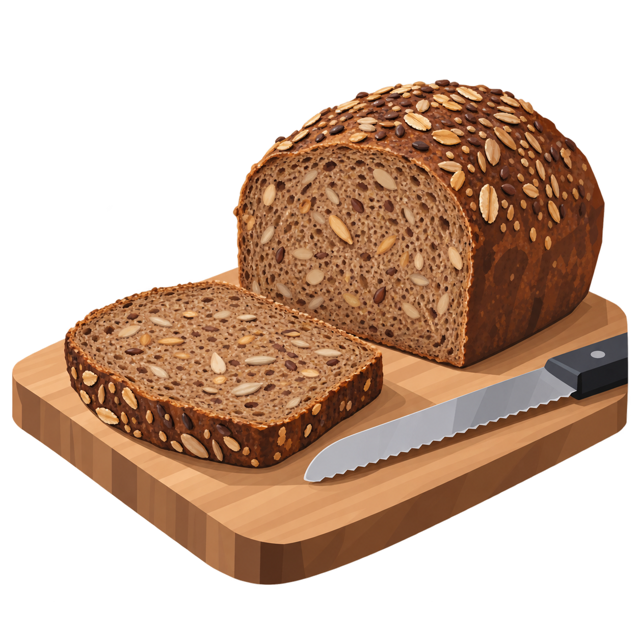 Eine dunkle Brotscheibe auf einem Holzbrett, daneben ein Messer