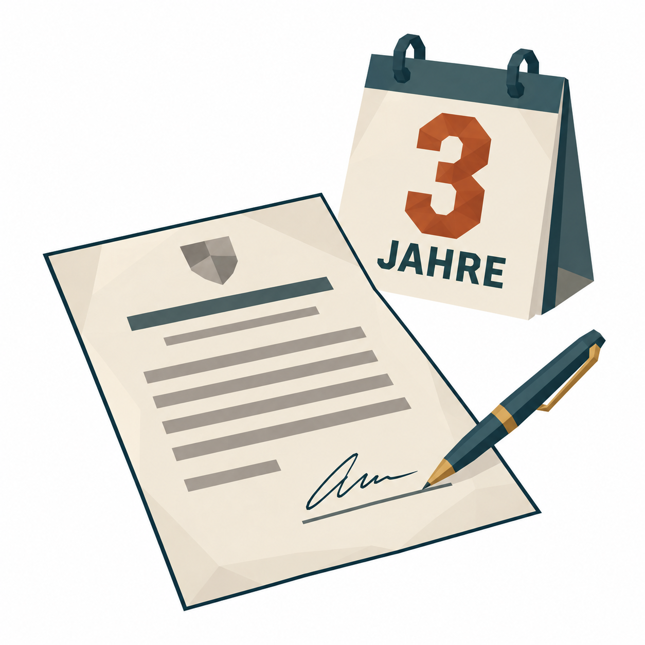 Ein Vertrag mit Unterschrift, daneben steht gross 3 JAHRE