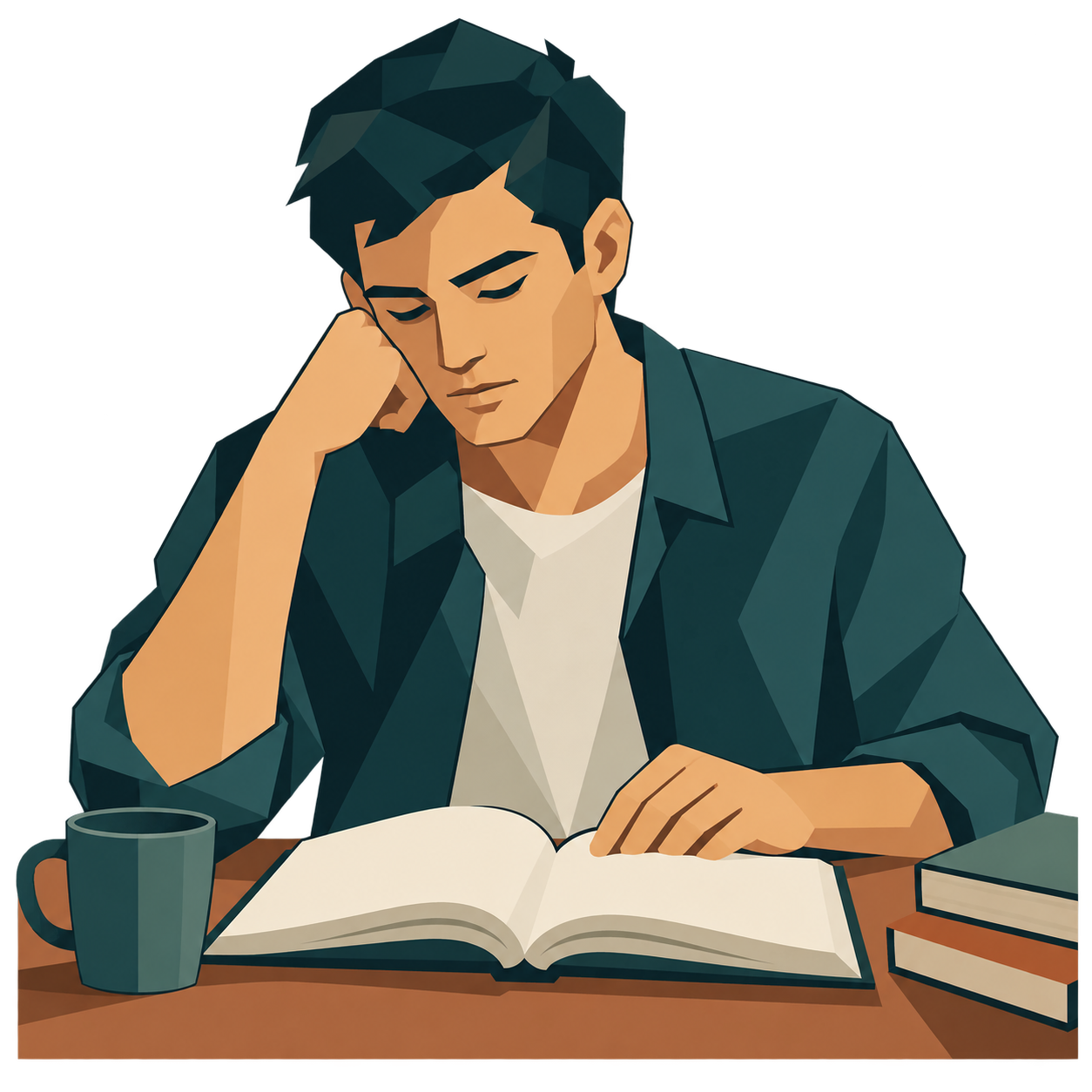 Junge am Tisch ueber einem offenen Buch