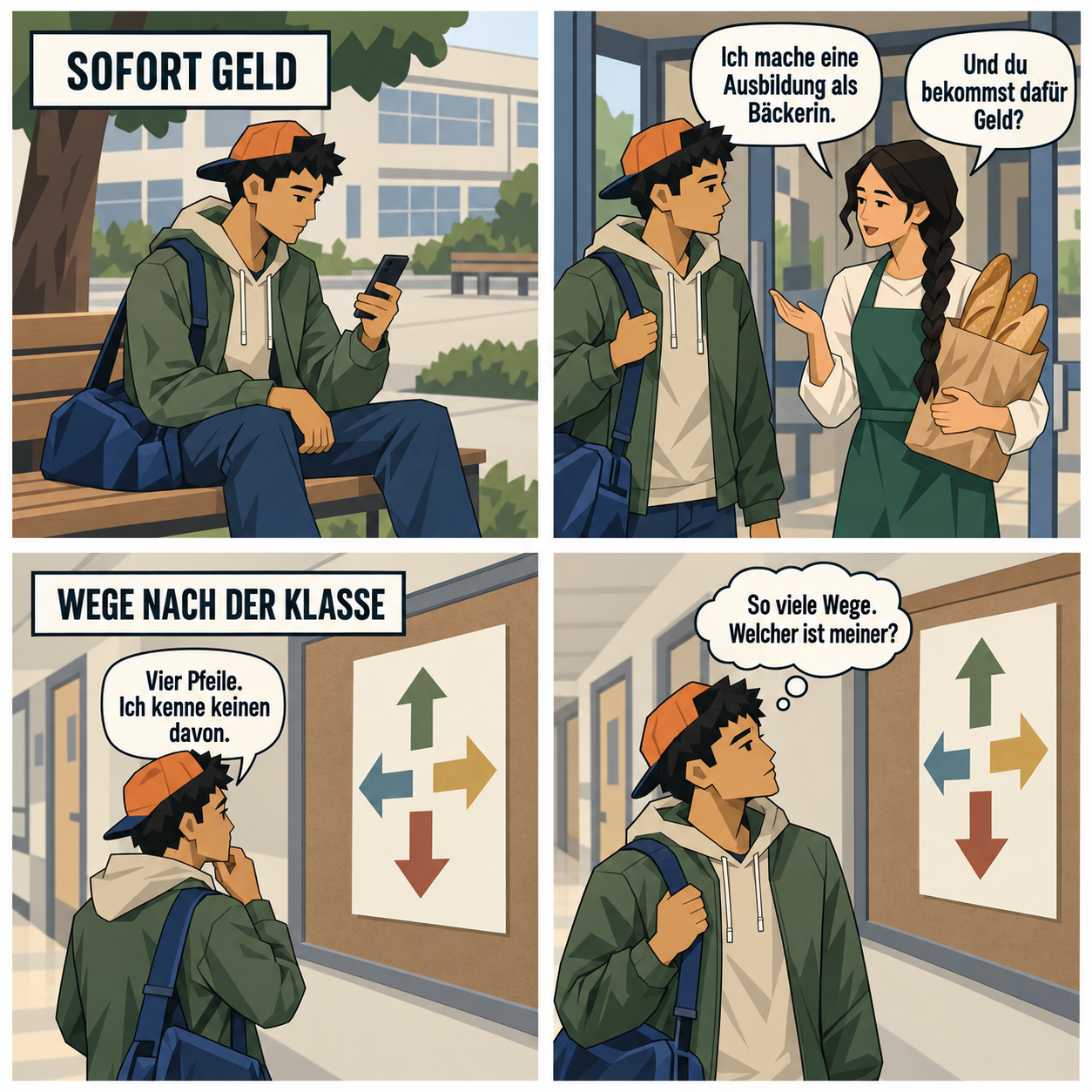 Vier Comic-Panels: Yusuf auf der Schulhofbank mit der Nachricht SOFORT GELD · Yusuf und Meryem in gruener Schuerze vor der Schultuer · das Plakat WEGE NACH DER KLASSE mit vier Pfeilen · Yusuf nah vor der Pinnwand