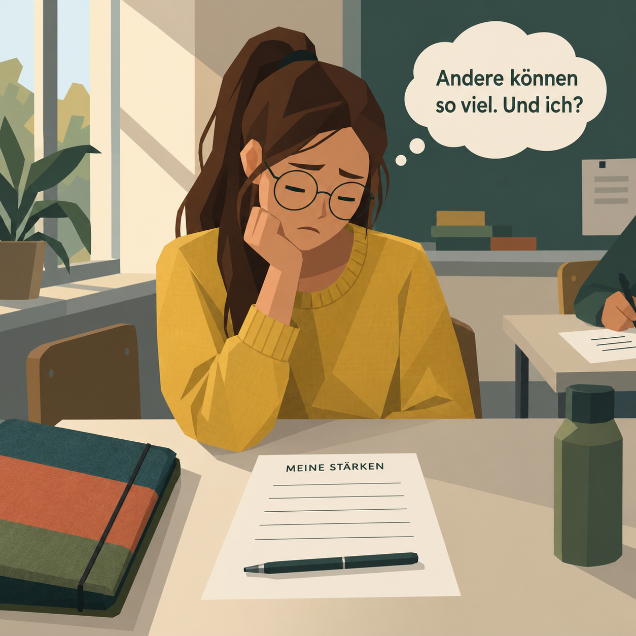 Rojin sitzt allein an einem Tisch im hellen Klassenzimmer und stützt das Kinn in die Hand. Vor ihr liegt ein Blatt mit der Überschrift MEINE STÄRKEN und fünf leeren Linien, der Stift liegt quer darauf.