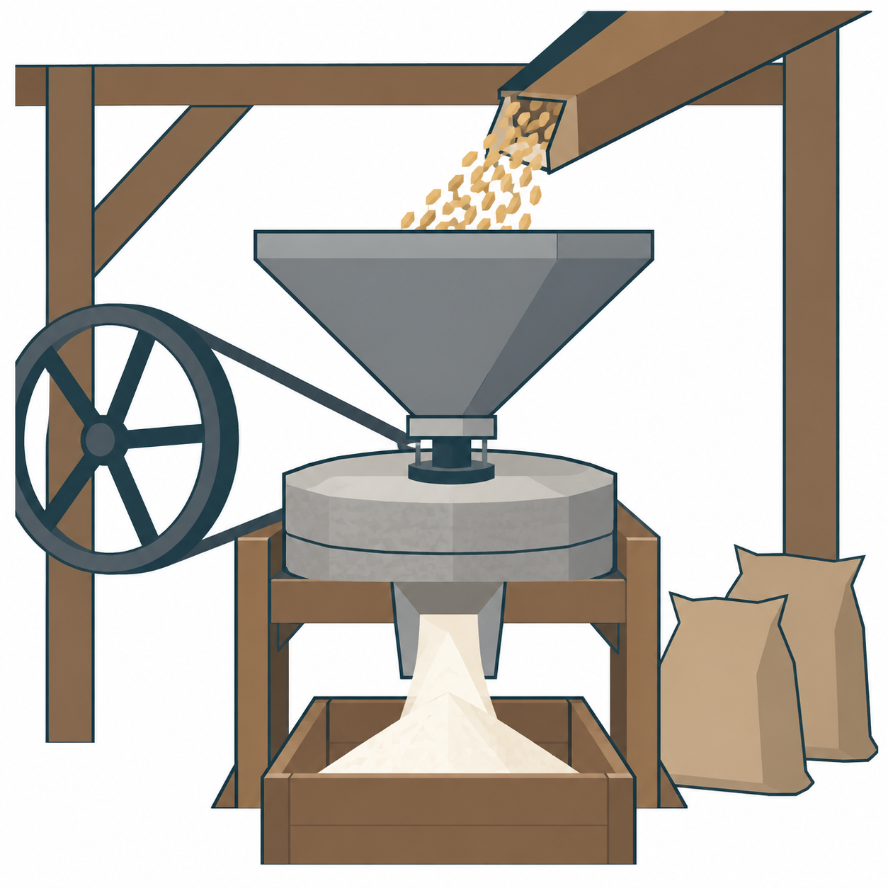 Eine Mühle von innen, Getreide läuft in den Trichter