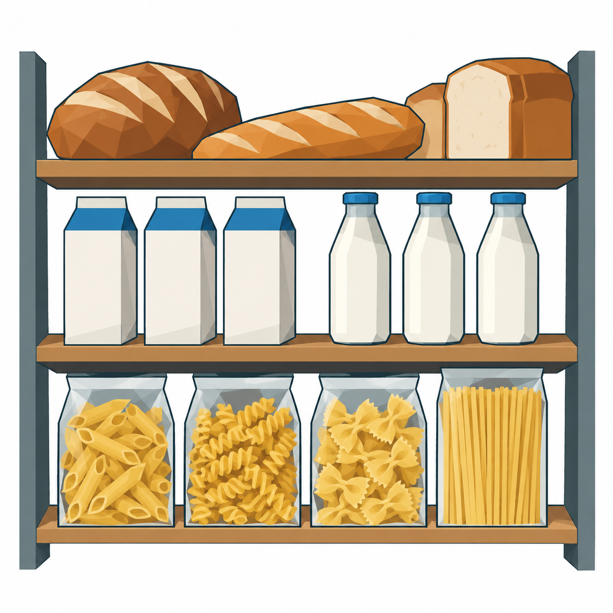 Ein Regal im Laden mit Brot, Milch und Nudeln