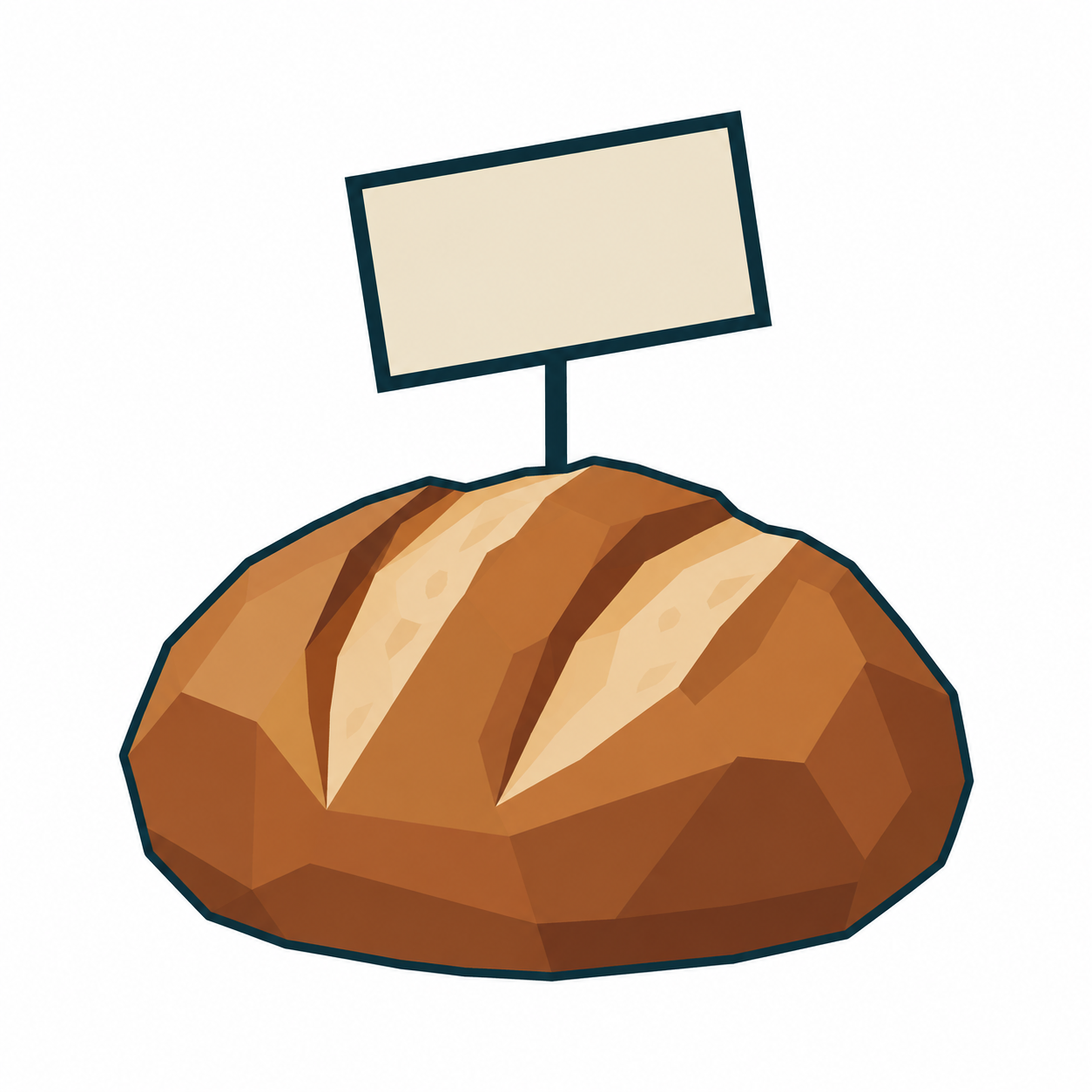 Ein Schild an einer Tafel über einem Laib Brot