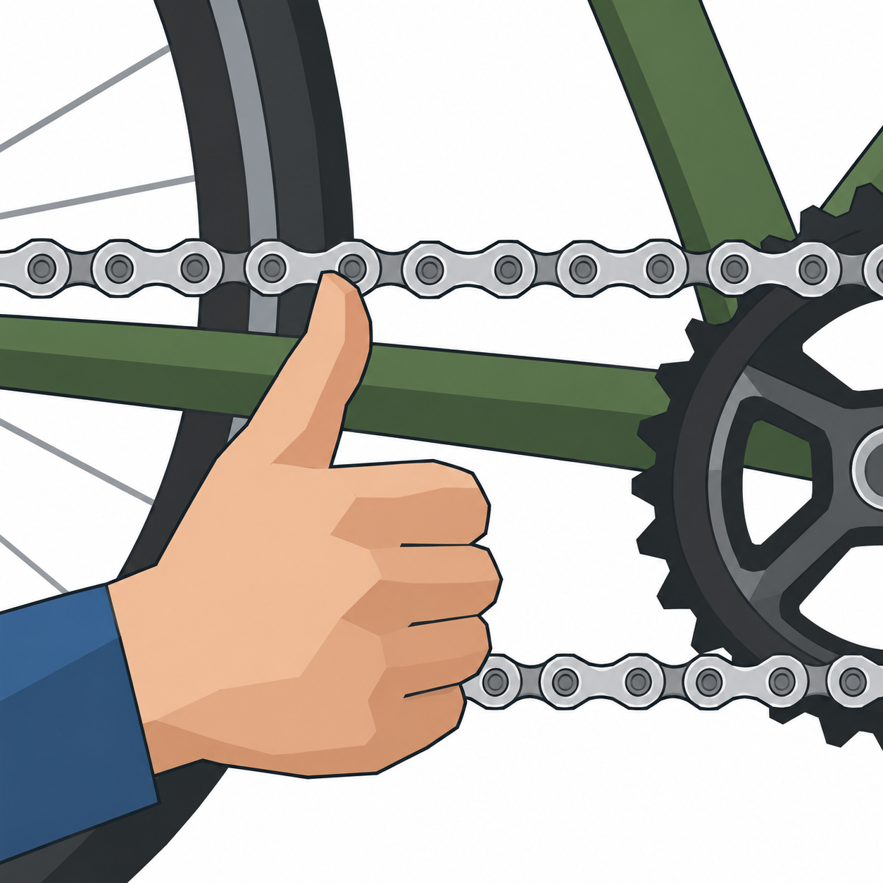 Ein Daumen nach oben vor einer reparierten Fahrradkette