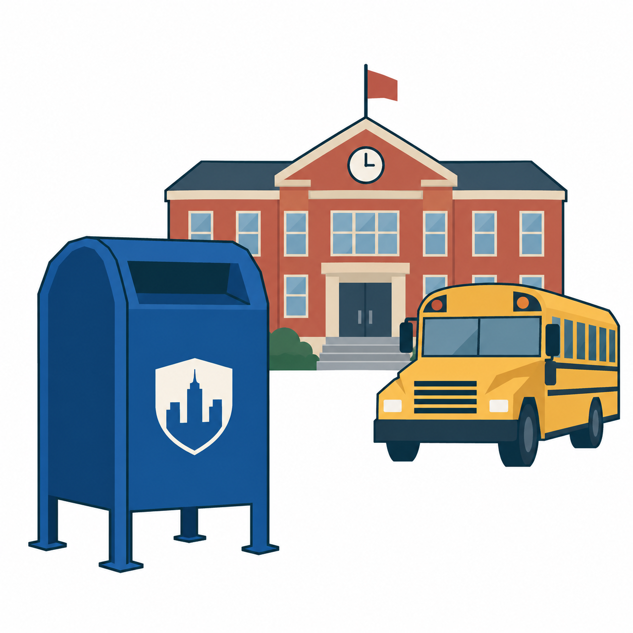 Ein Briefkasten mit Stadtwappen, daneben Schule und Bus