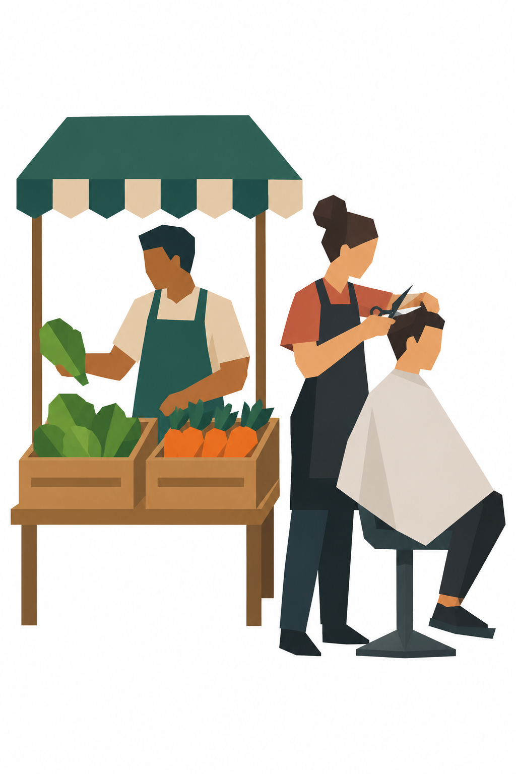 Ein Marktstand mit Gemüsekisten, daneben ein Friseur bei der Arbeit
