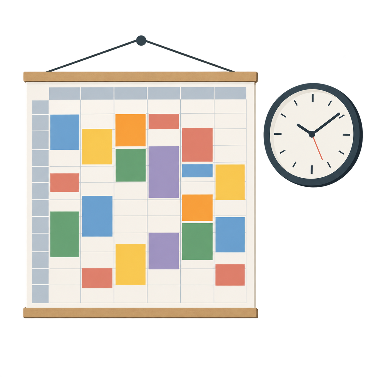 Ein Wochenplan an der Wand mit farbigen Blöcken, daneben eine Uhr