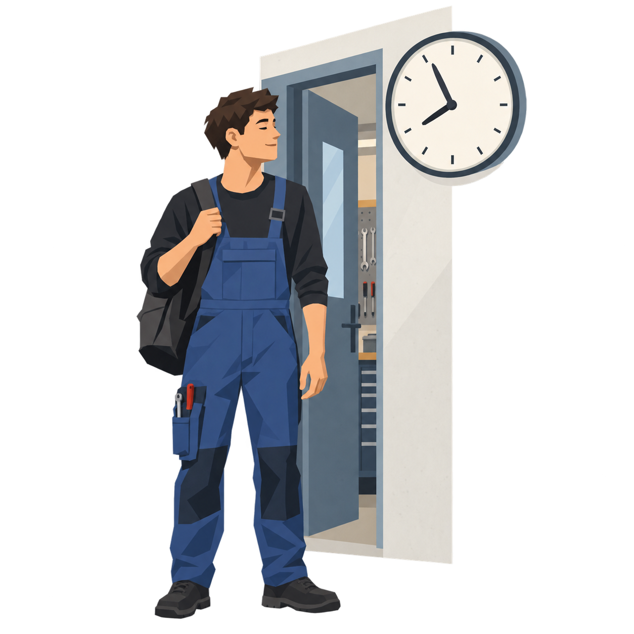 Eine Person steht vor der Werkstatttür, die Wanduhr dahinter zeigt kurz vor acht