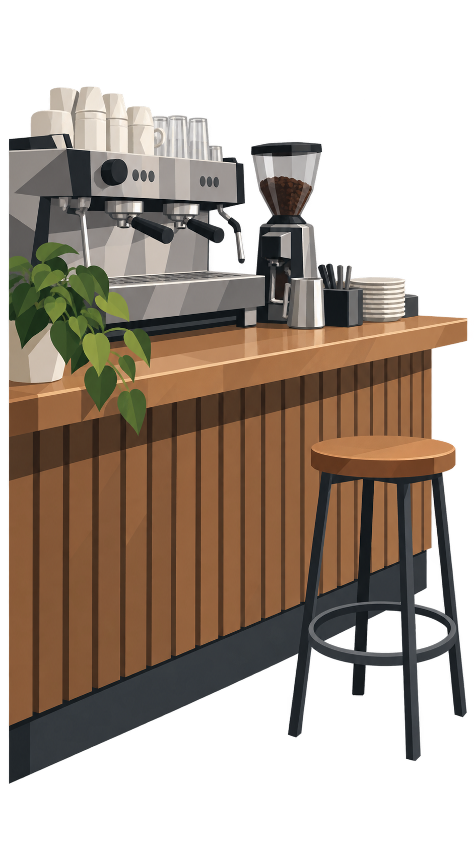 Eine Theke im Café, dahinter eine Kaffeemaschine und ein leerer Hocker