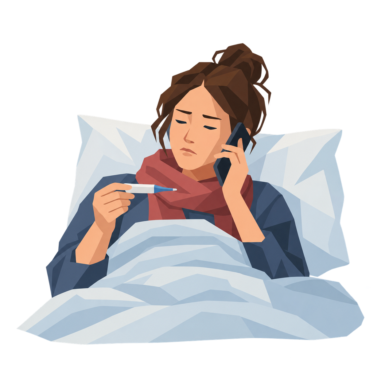 Eine Person liegt mit Fieberthermometer im Bett und hält ein Telefon ans Ohr