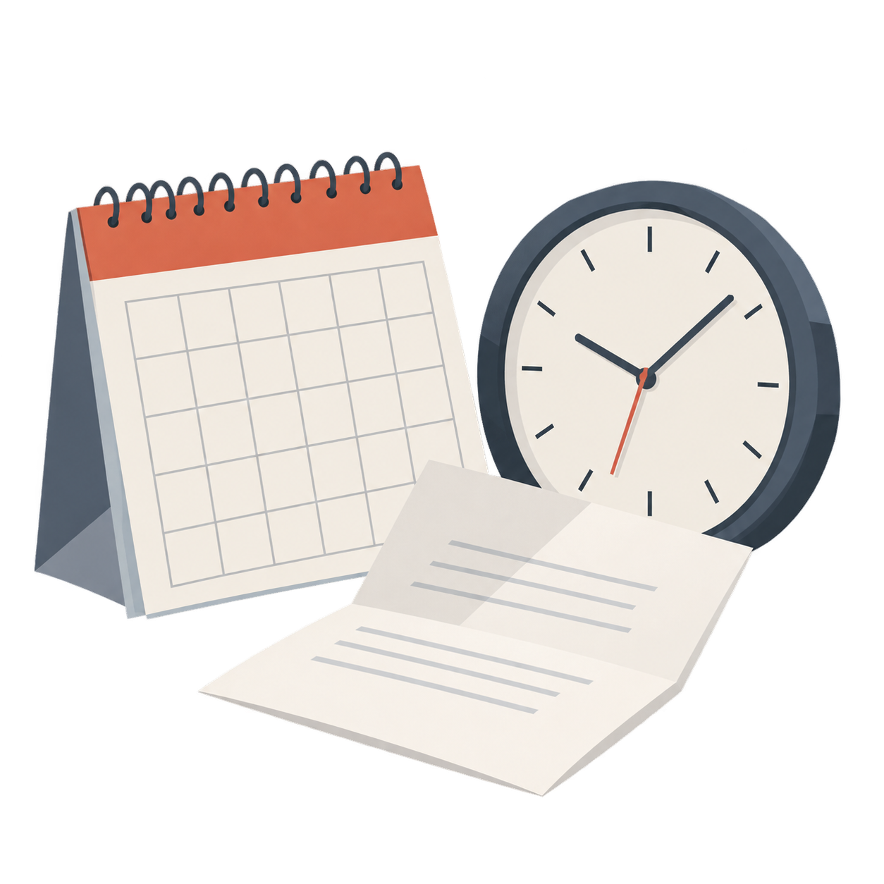 Ein aufgeschlagener Kalender neben einer Uhr und einem gefalteten Blatt Papier