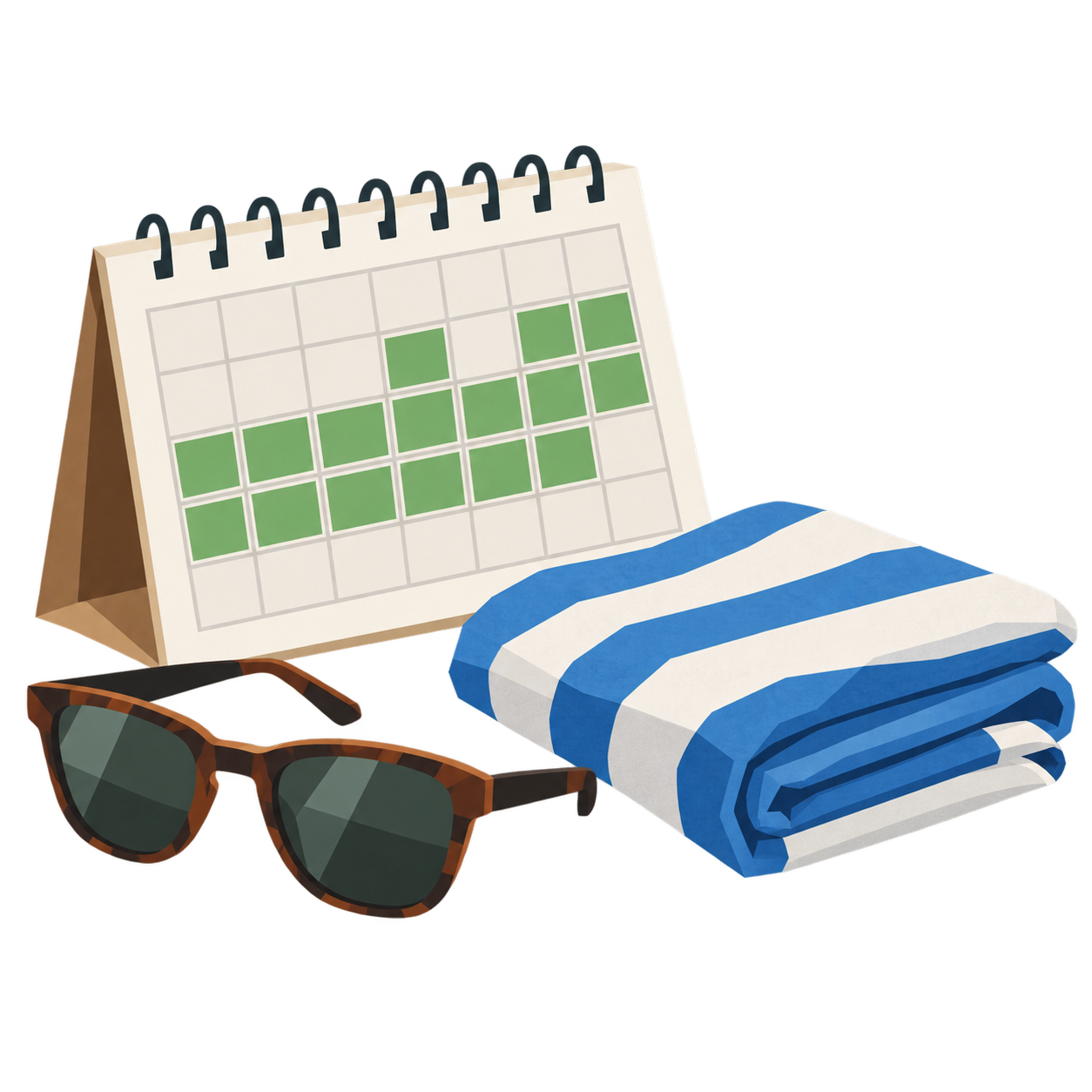 Ein Kalender mit vielen grün markierten Tagen, daneben Sonnenbrille und Handtuch