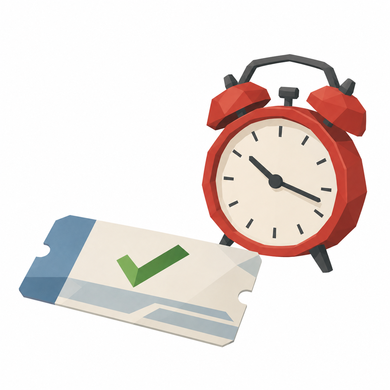 Eine Fahrkarte mit gruenem Haken liegt neben einer Uhr, die noch Zeit anzeigt