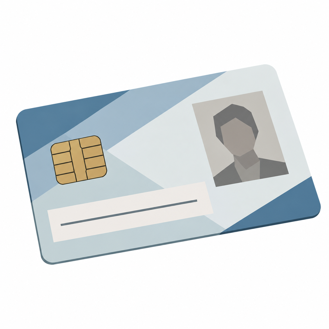 Eine Scheckkarte mit Foto, Namenszeile und kleinem Chip liegt auf dem Tisch