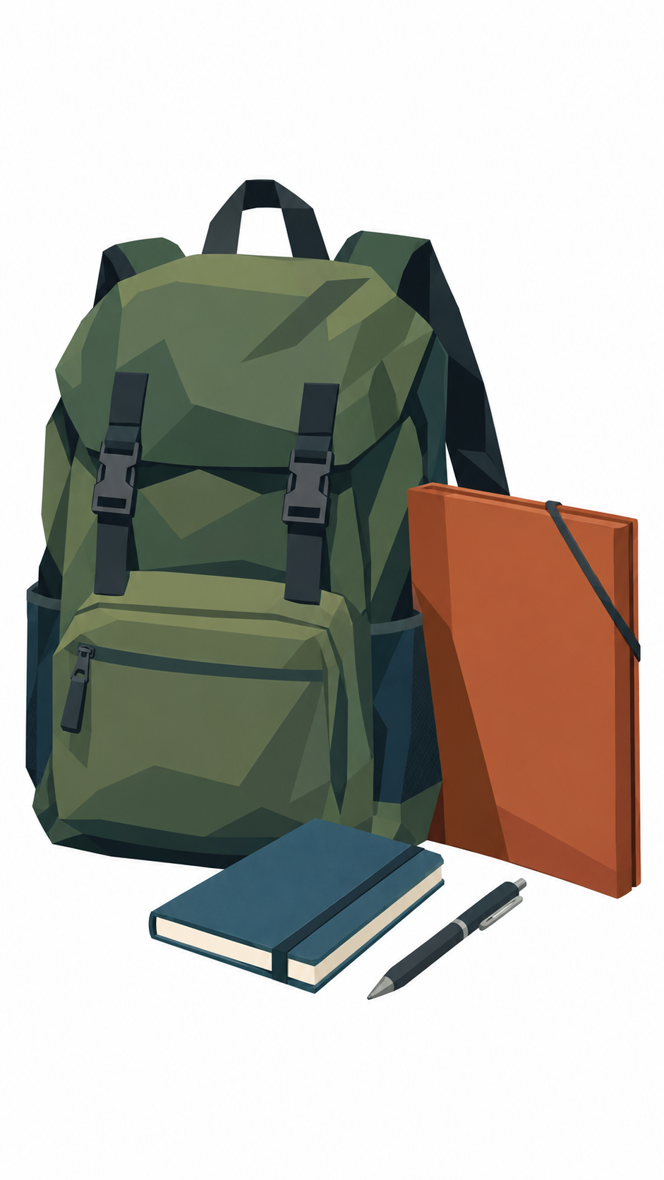 Ein gepackter Rucksack, daneben eine Mappe und ein Stift