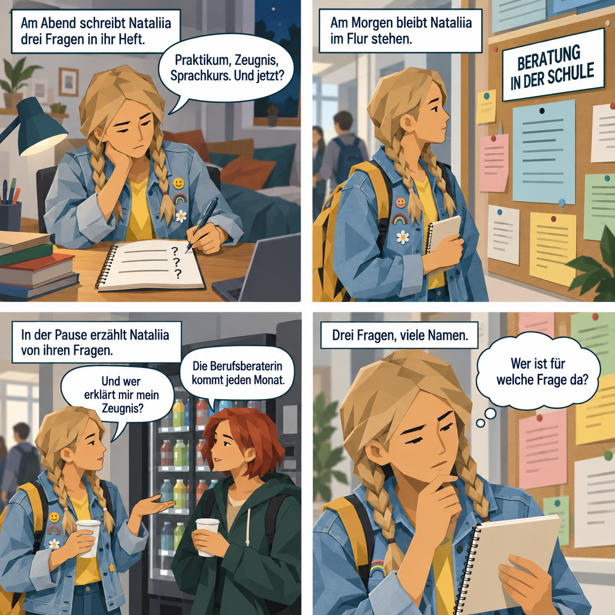 Vier Comic-Panels: Nataliia schreibt abends drei Fragen in ihr Notizheft, liest am Morgen einen Aushang an der Pinnwand, spricht in der Pause mit einer Mitschuelerin am Getraenkeautomaten und haelt zuletzt ihr Heft neben die Zettel an der Pinnwand.