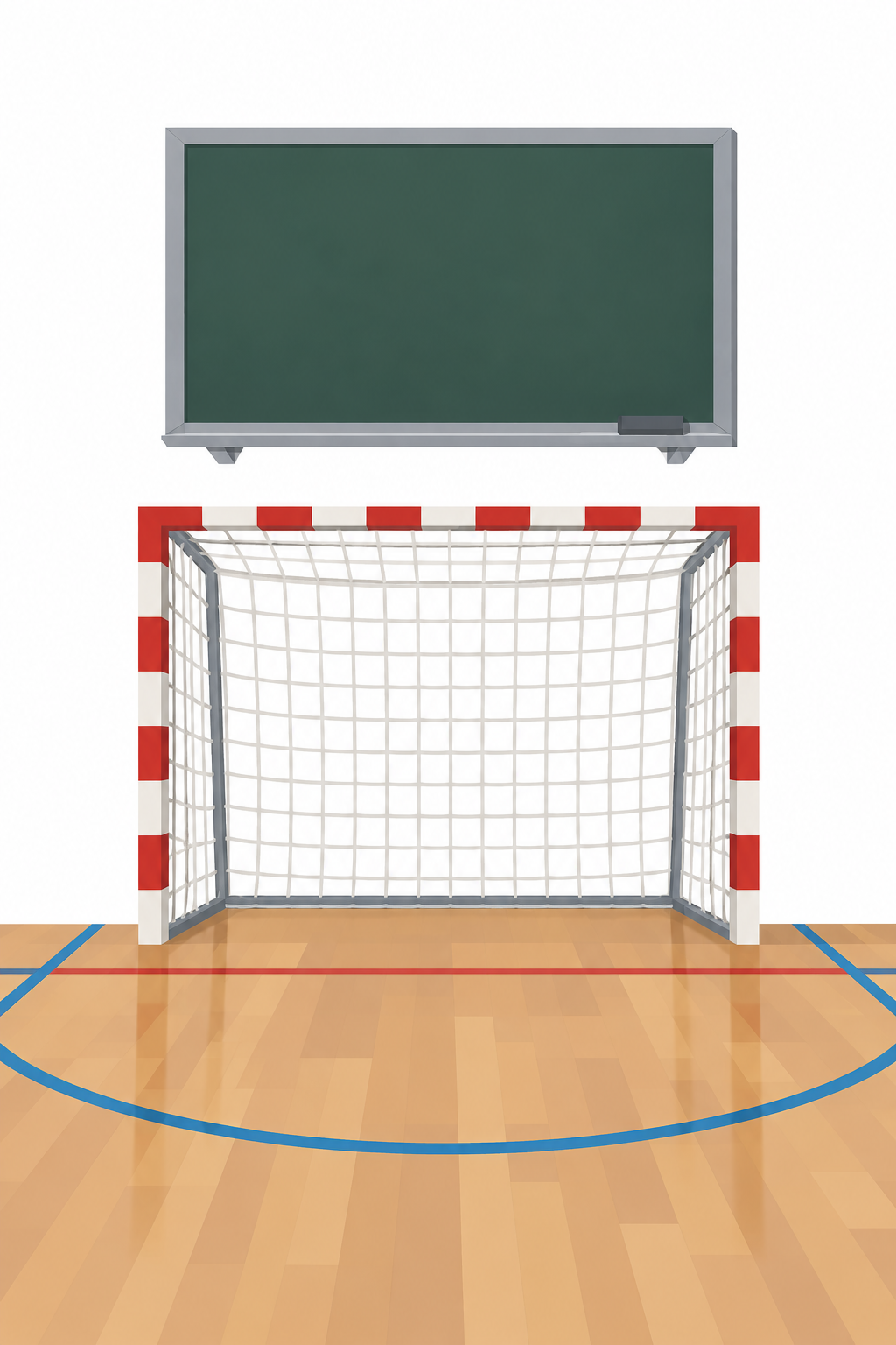 Eine Sporthalle mit einem Tor und einer leeren Tafel an der Wand