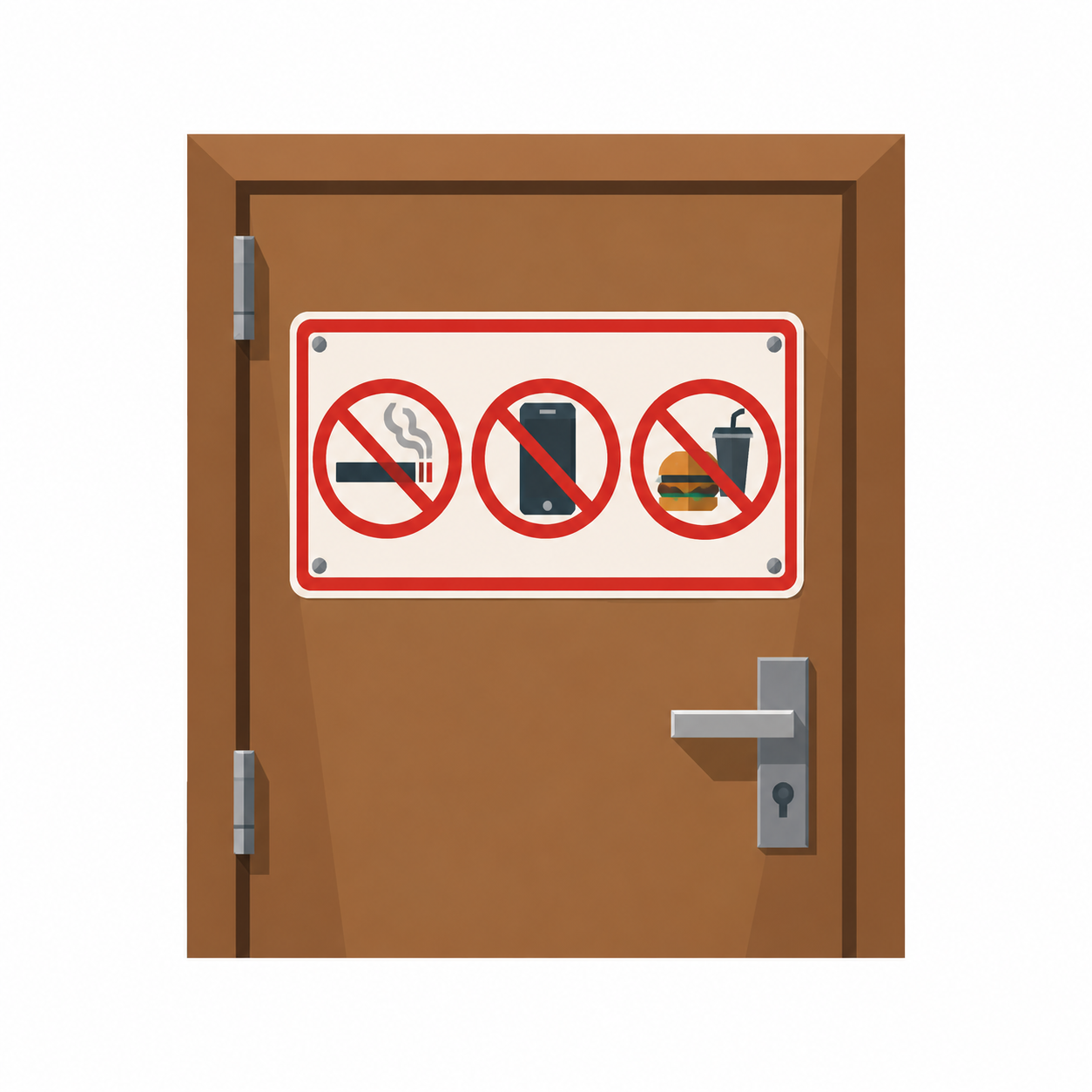 Ein Schild an einer Tuer mit drei Symbolen und einem dicken Rahmen