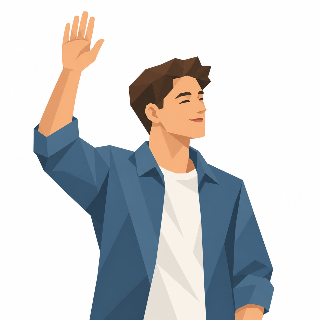 Eine Person im Halbprofil hebt freundlich die Hand