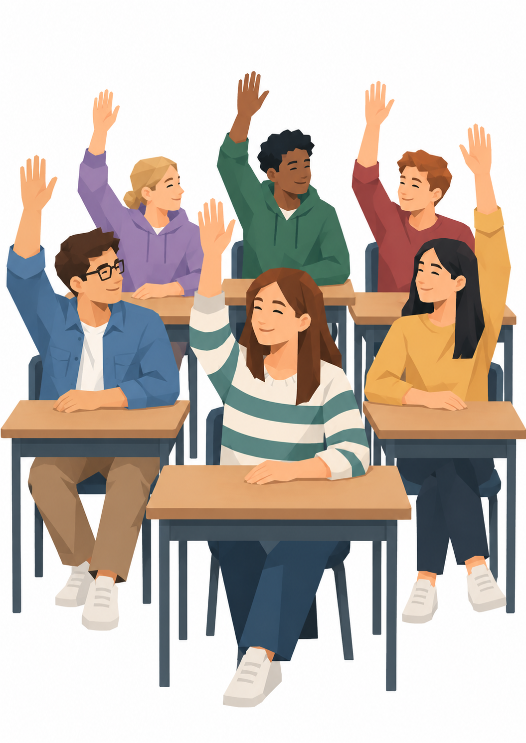 Eine Klasse mit erhobenen Händen, von vorn gesehen