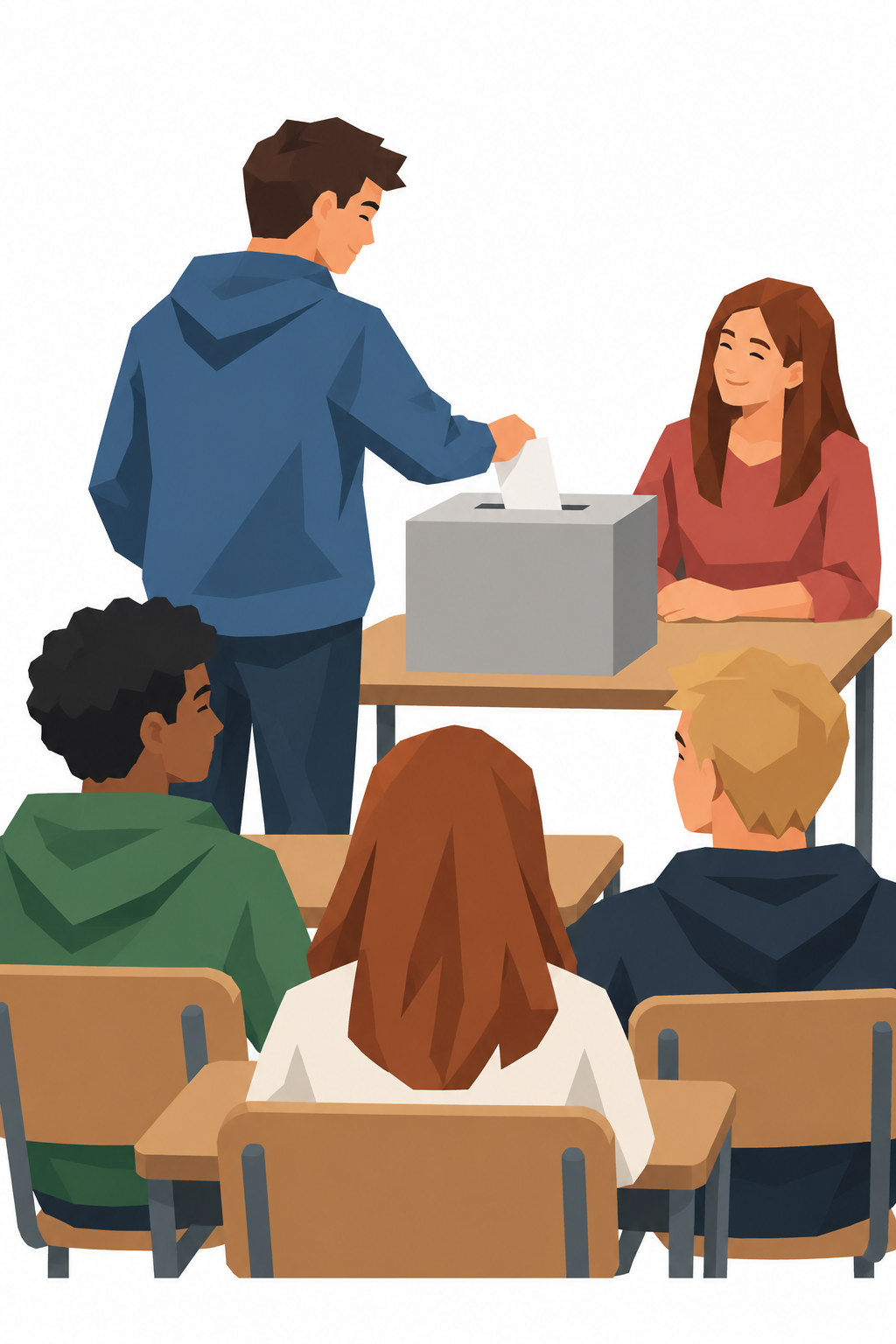 Ein Klassenraum von hinten, vorn auf dem Tisch eine Wahlurne