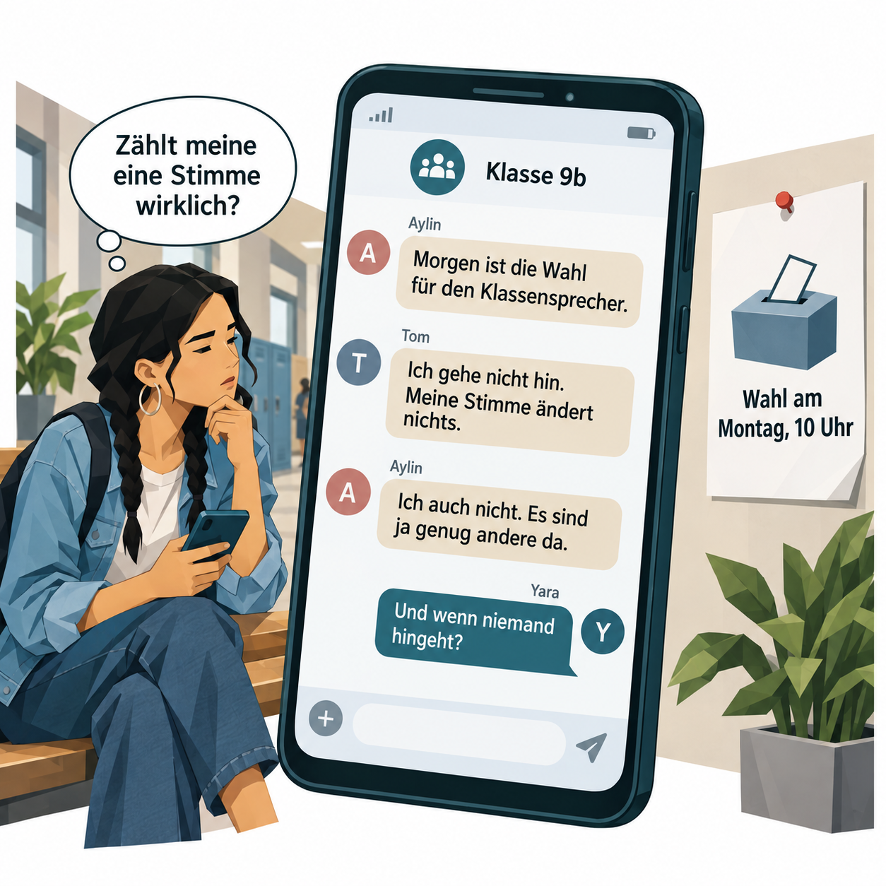 Ein großes Smartphone in der Bildmitte zeigt den Gruppenchat der Klasse 9b mit vier Nachrichten · links Yara auf einer Bank im Schulflur, nachdenklich, das Handy in der Hand · rechts der Aushang an der Wand mit Tag und Uhrzeit der Wahl