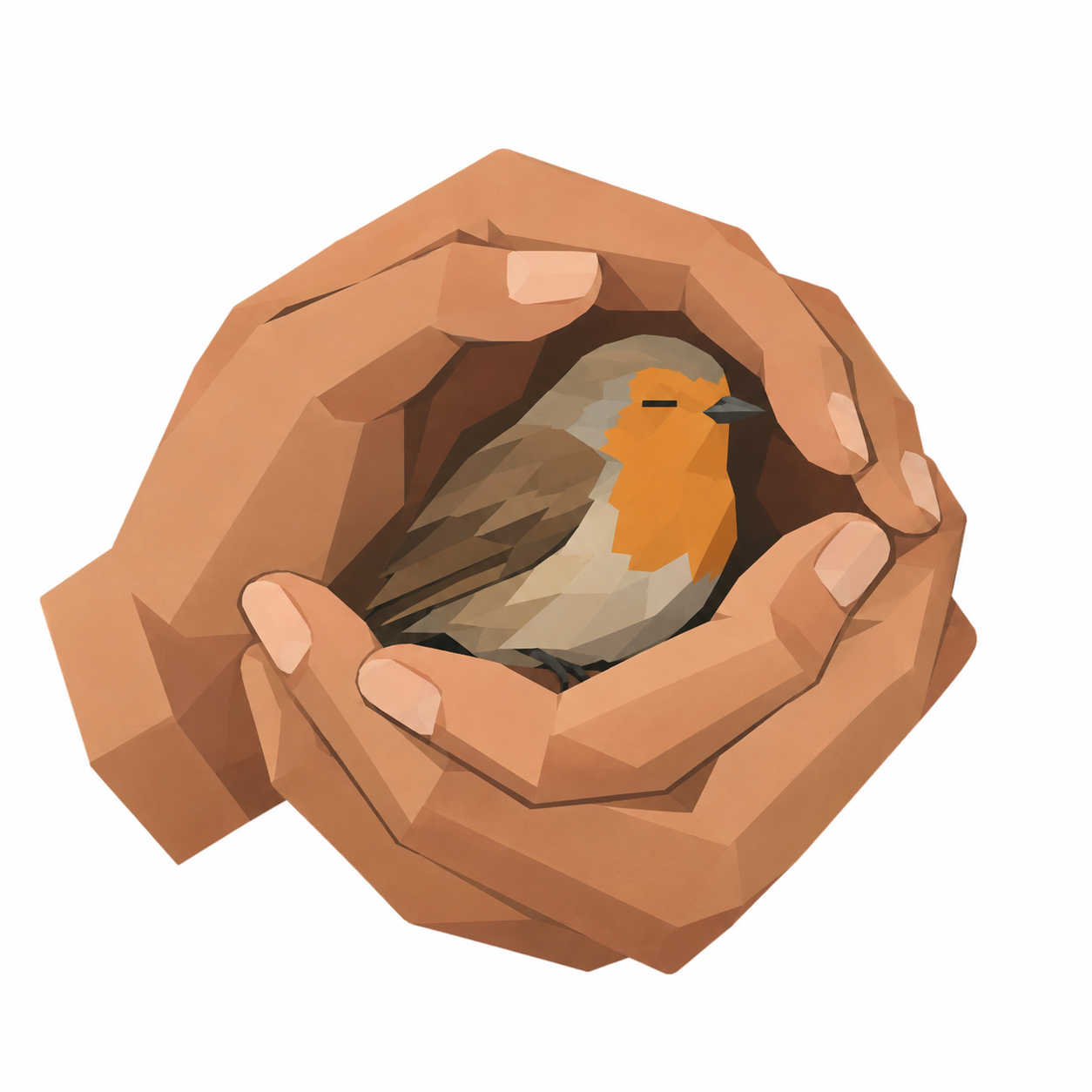 Zwei grosse Haende halten einen kleinen Vogel vorsichtig umschlossen