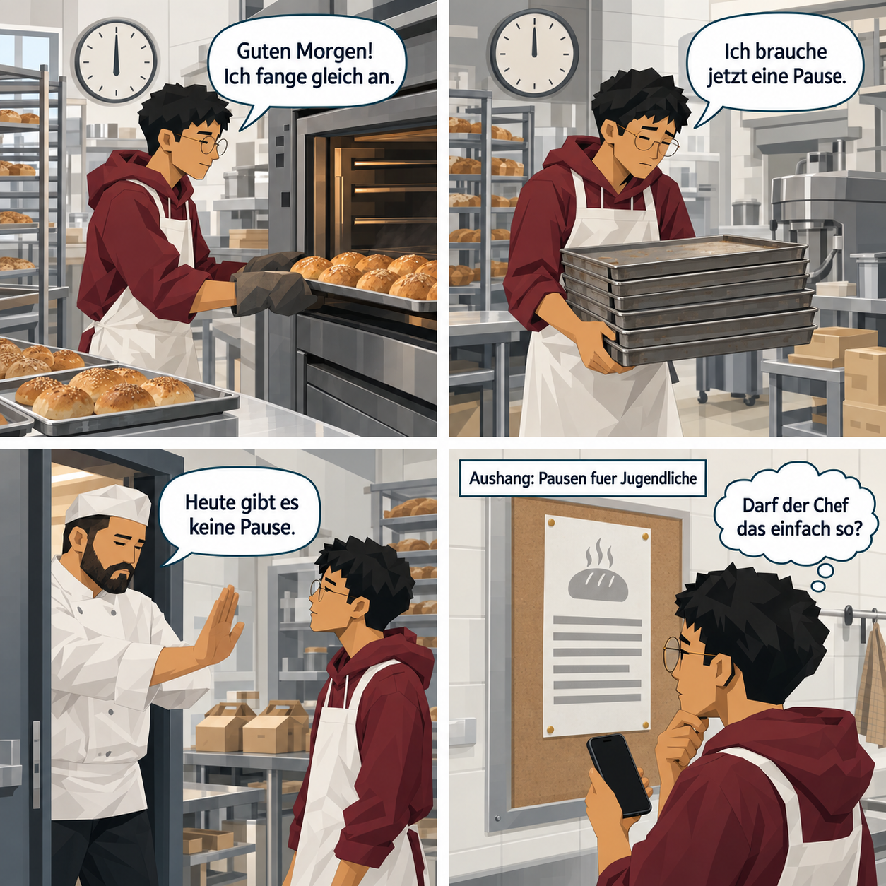 Vier Panels in einer Backstube: Amir schiebt um 6 Uhr ein Blech in den Ofen · Amir traegt um 12 Uhr einen Stapel Bleche, die Schultern haengen · der Chef steht in der Tuer und hebt eine Hand · Amir steht vor einem Aushang und haelt sein Handy