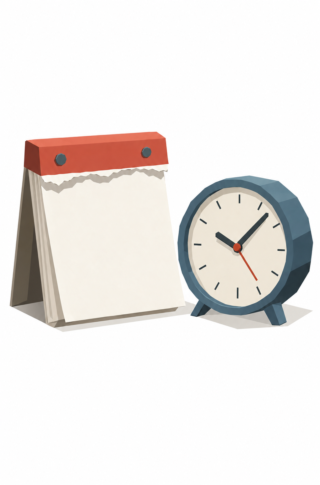 Ein Kalenderblatt und eine Uhr liegen nebeneinander auf einem Tisch